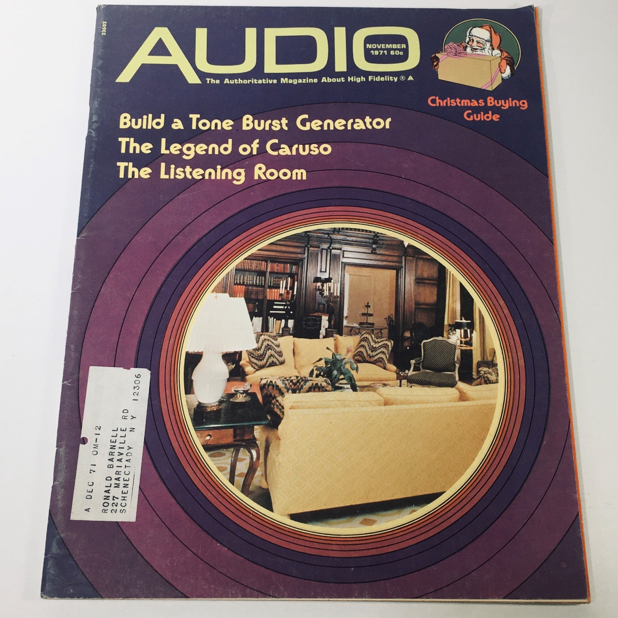 Cover of VTG Audio Music Magazine November 1971 featuring the title 'Build A Tone Burst Generator'. The magazine includes a Christmas Buying Guide and displays a living room scene with stylish furniture, capturing the essence of early 1970s audio culture.
