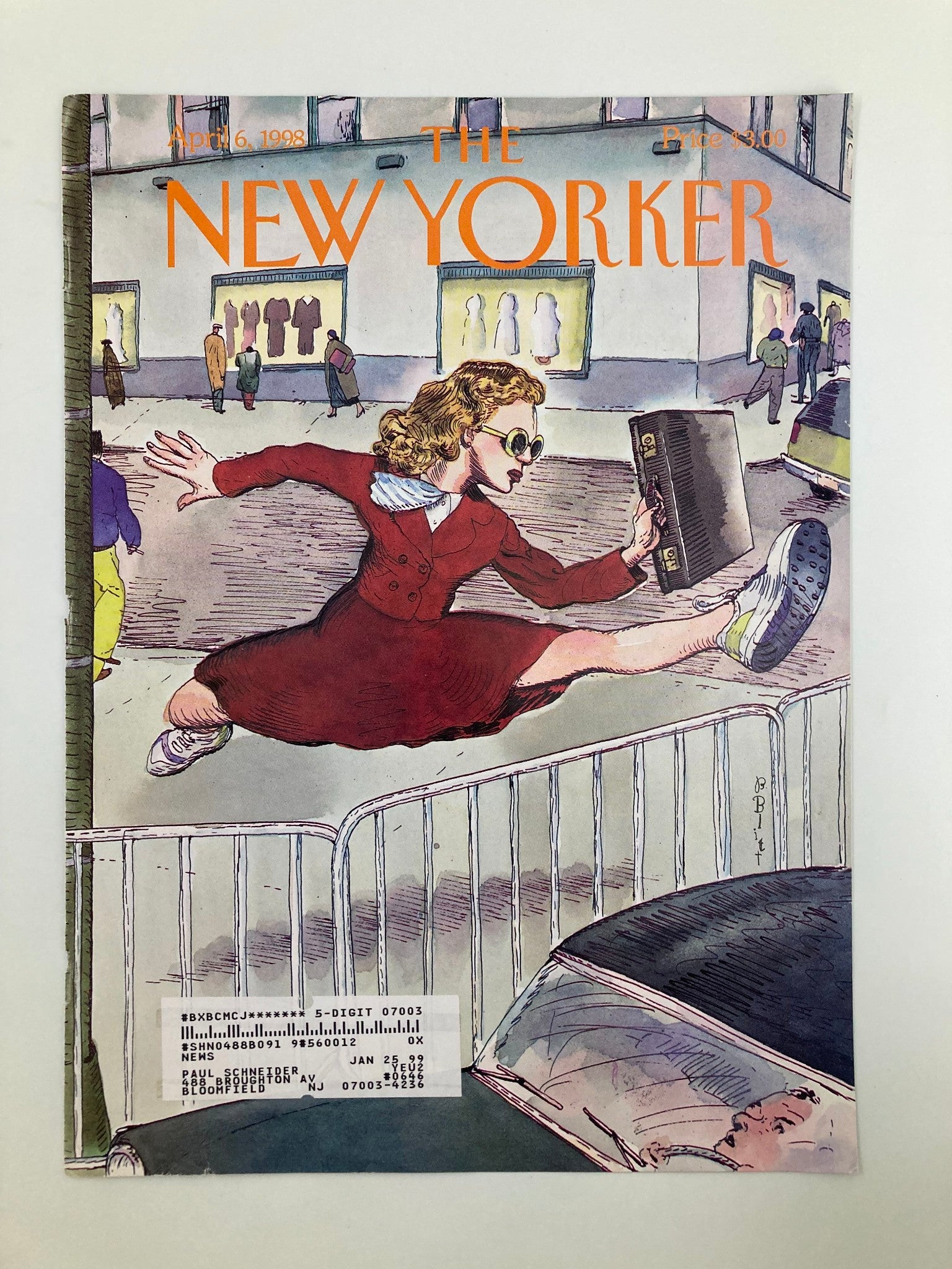 COVER ONLY The New Yorker April 6 1998 Taking It in Stride by Barry Blitt