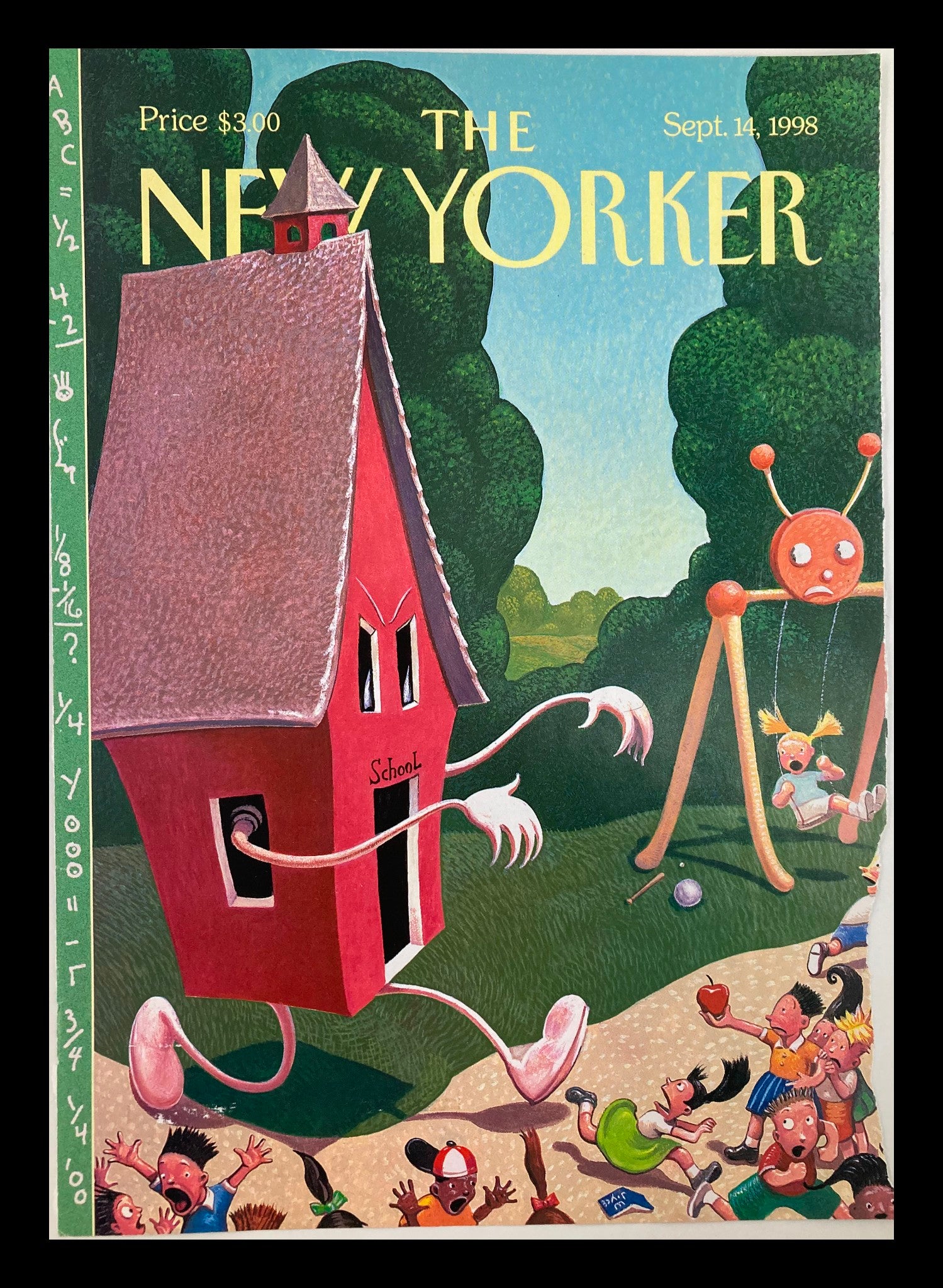 COVER ONLY The New Yorker September 14 1998 Back to School by William Joyce showcasing an illustrated red schoolhouse with arms, surrounded by children playing.
