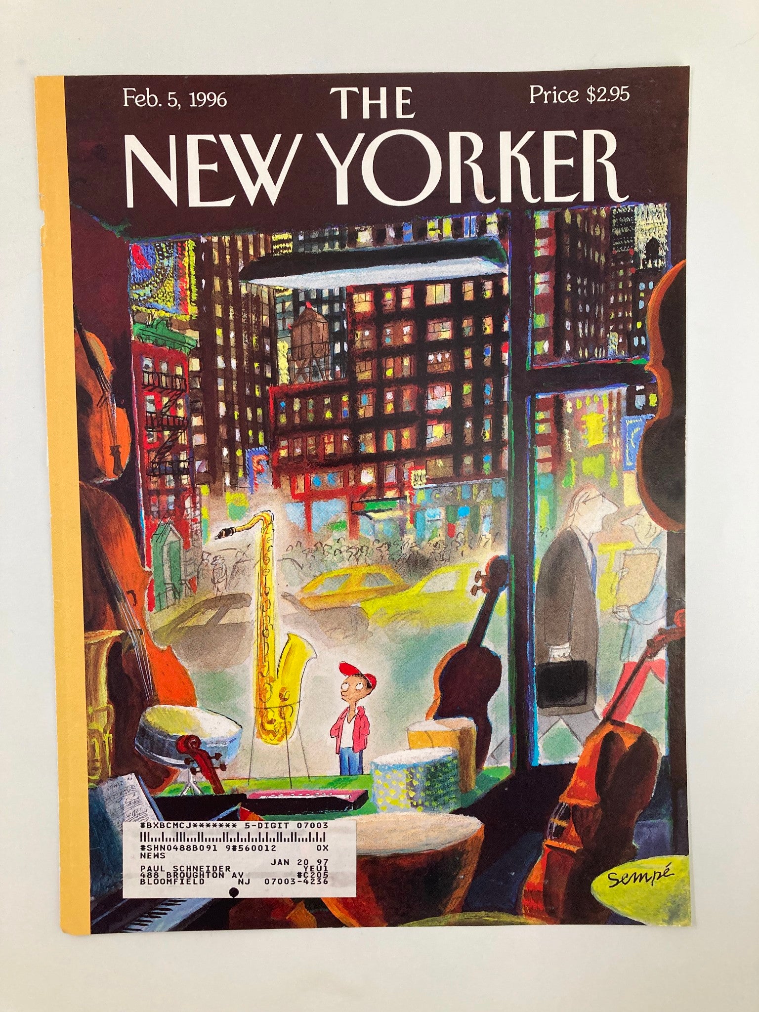 COVER ONLY The New Yorker February 5 1996 Holy Saxophone by J-J Sempe