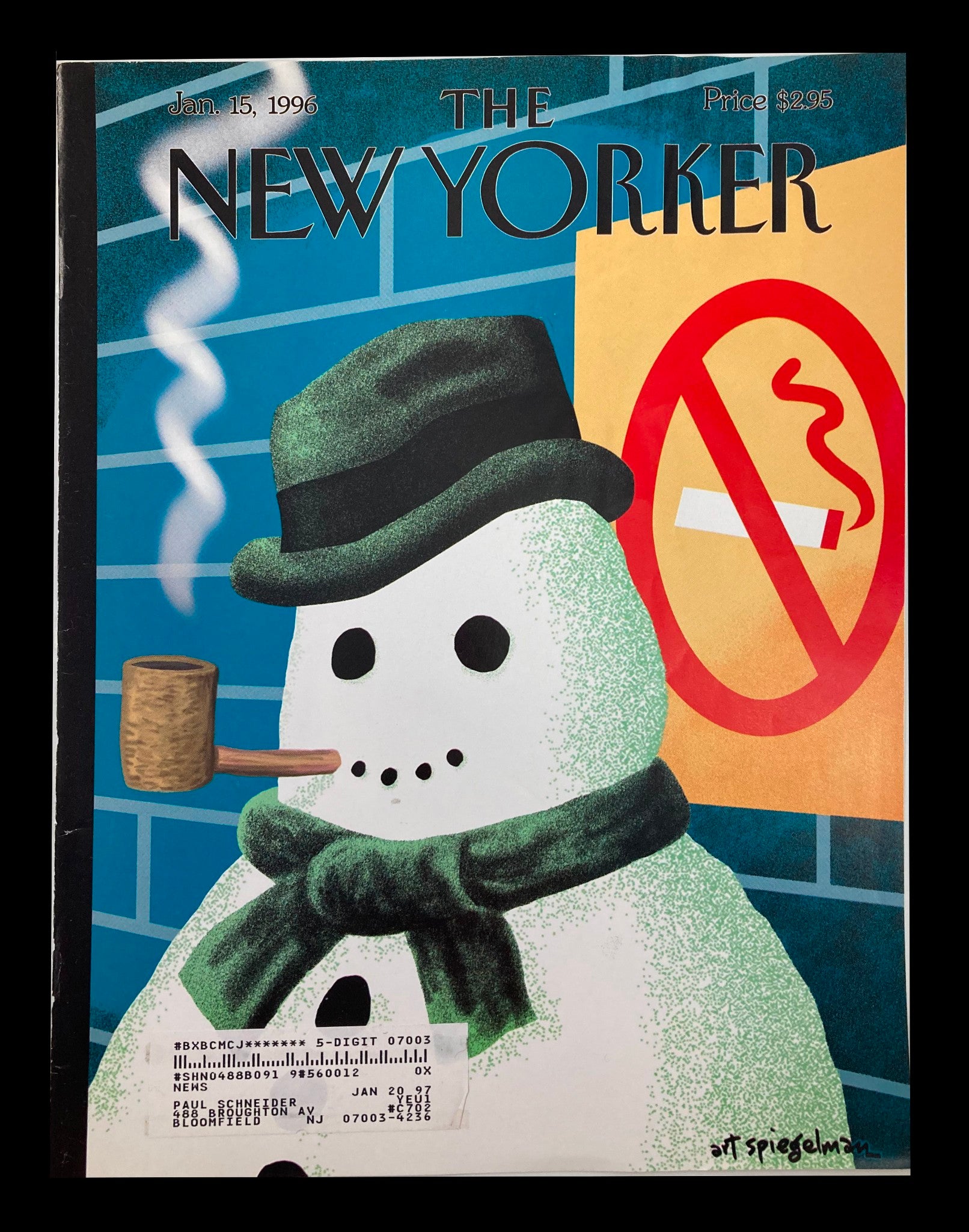 COVER ONLY The New Yorker January 15 1996 Snow Smoking by Art Spiegelman