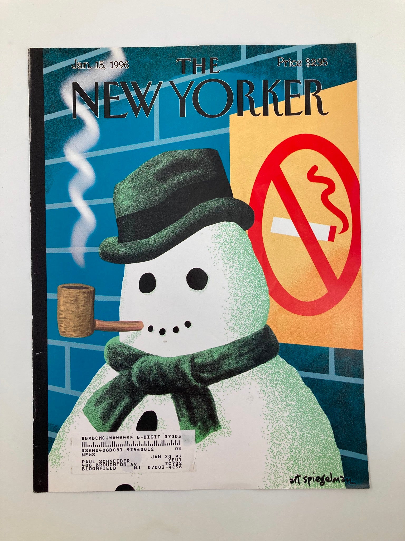 COVER ONLY The New Yorker January 15 1996 Snow Smoking by Art Spiegelman