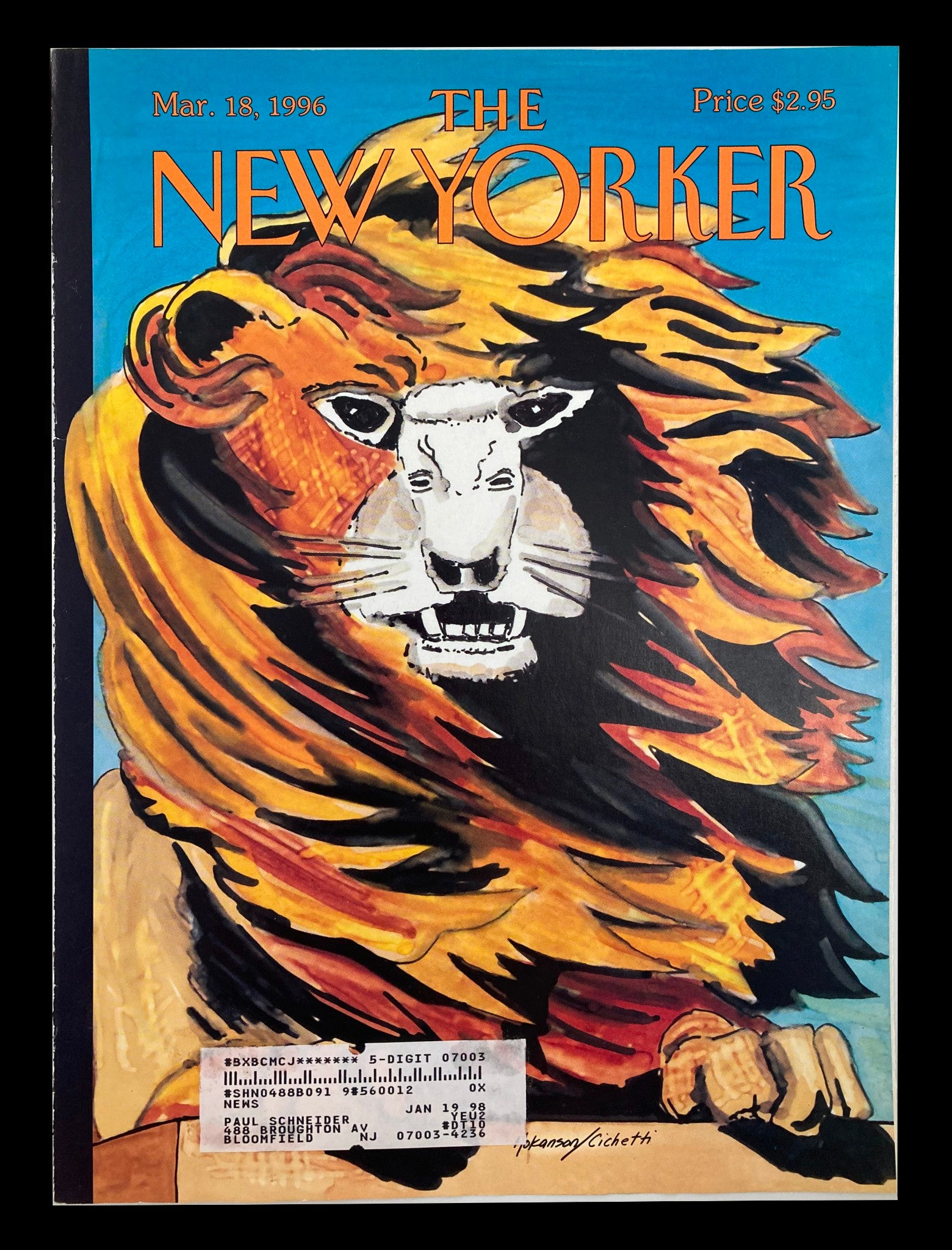 COVER ONLY The New Yorker March 18 1996 Lion and Lamb by Lars Hokanson