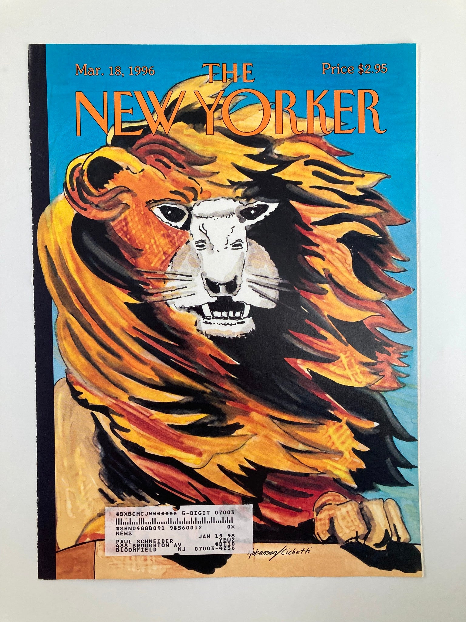 COVER ONLY The New Yorker March 18 1996 Lion and Lamb by Lars Hokanson