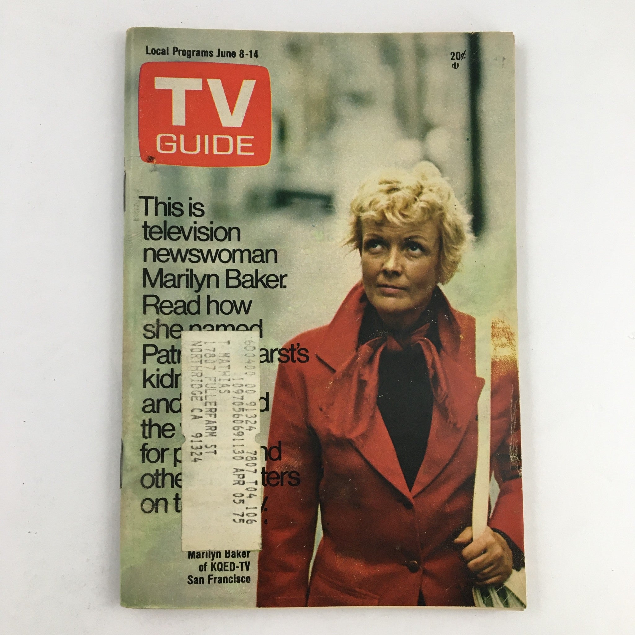 TV Guide Magazine from June 8, 1974 featuring reporter Marilyn Baker of KQED-TV. The cover displays Marilyn Baker in a red jacket, capturing a moment in television history.