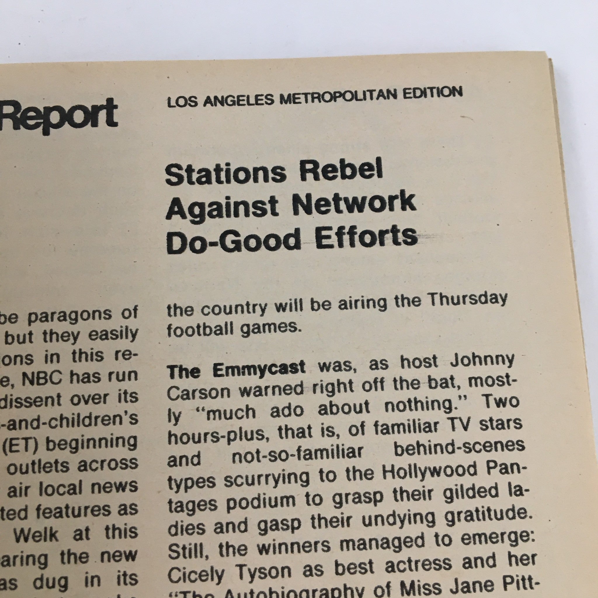 Inside page of TV Guide Magazine from June 8, 1974, Los Angeles metropolitan edition discussing television stations' resistance to network initiatives. This page highlights historical television context.