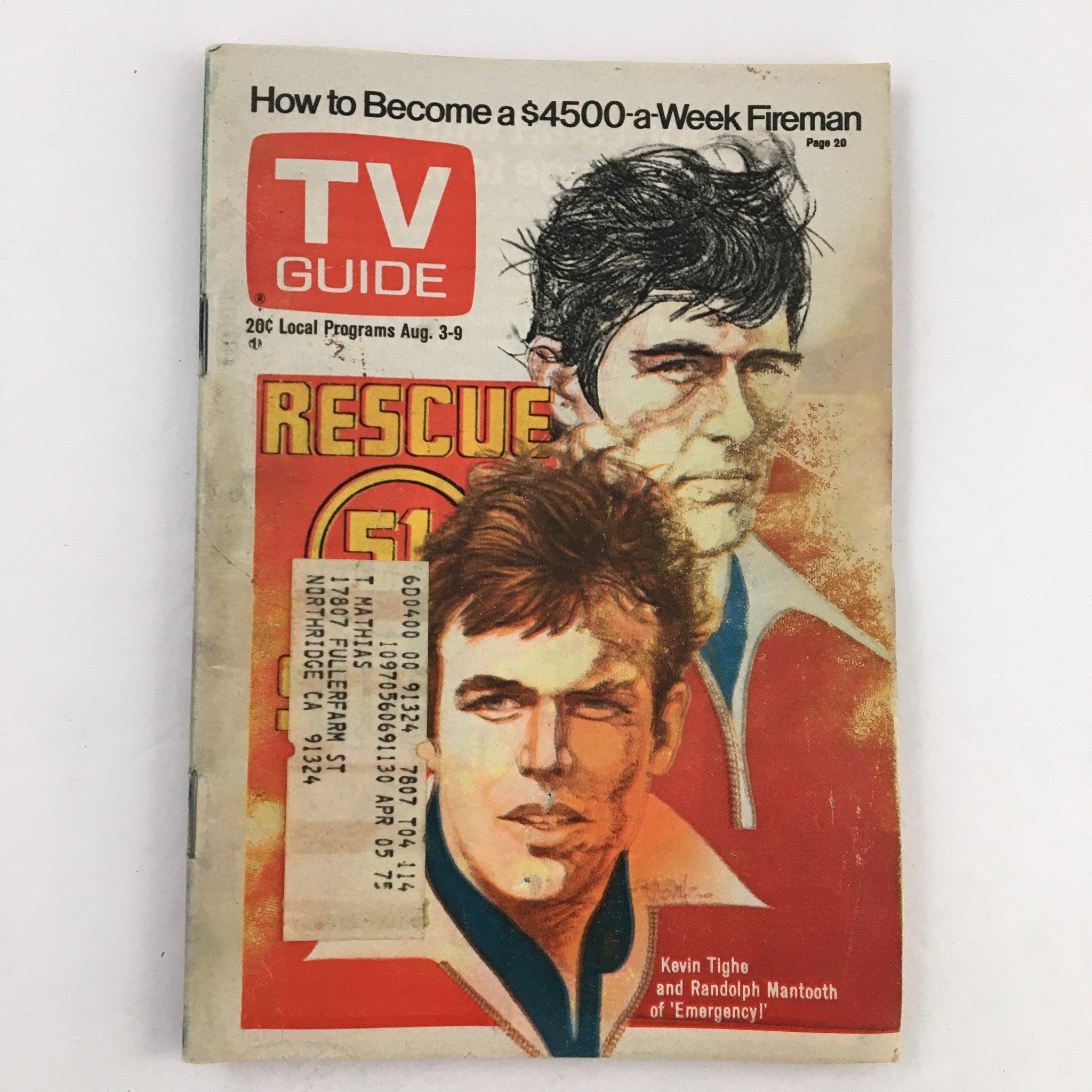 Cover of TV Guide Magazine from August 3, 1974 featuring actors Kevin Tighe and Randolph Mantooth from 'Emergency!'. Vintage magazine highlights iconic television history.