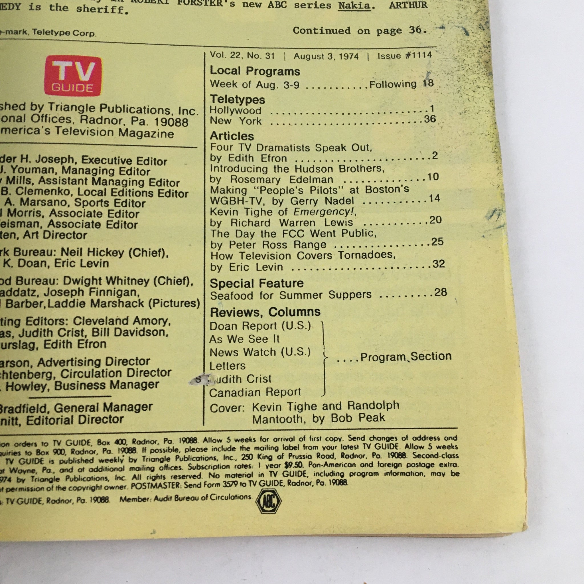 Back cover of TV Guide Magazine August 3, 1974, detailing local programs and articles, including coverage of Kevin Tighe and Randolph Mantooth.