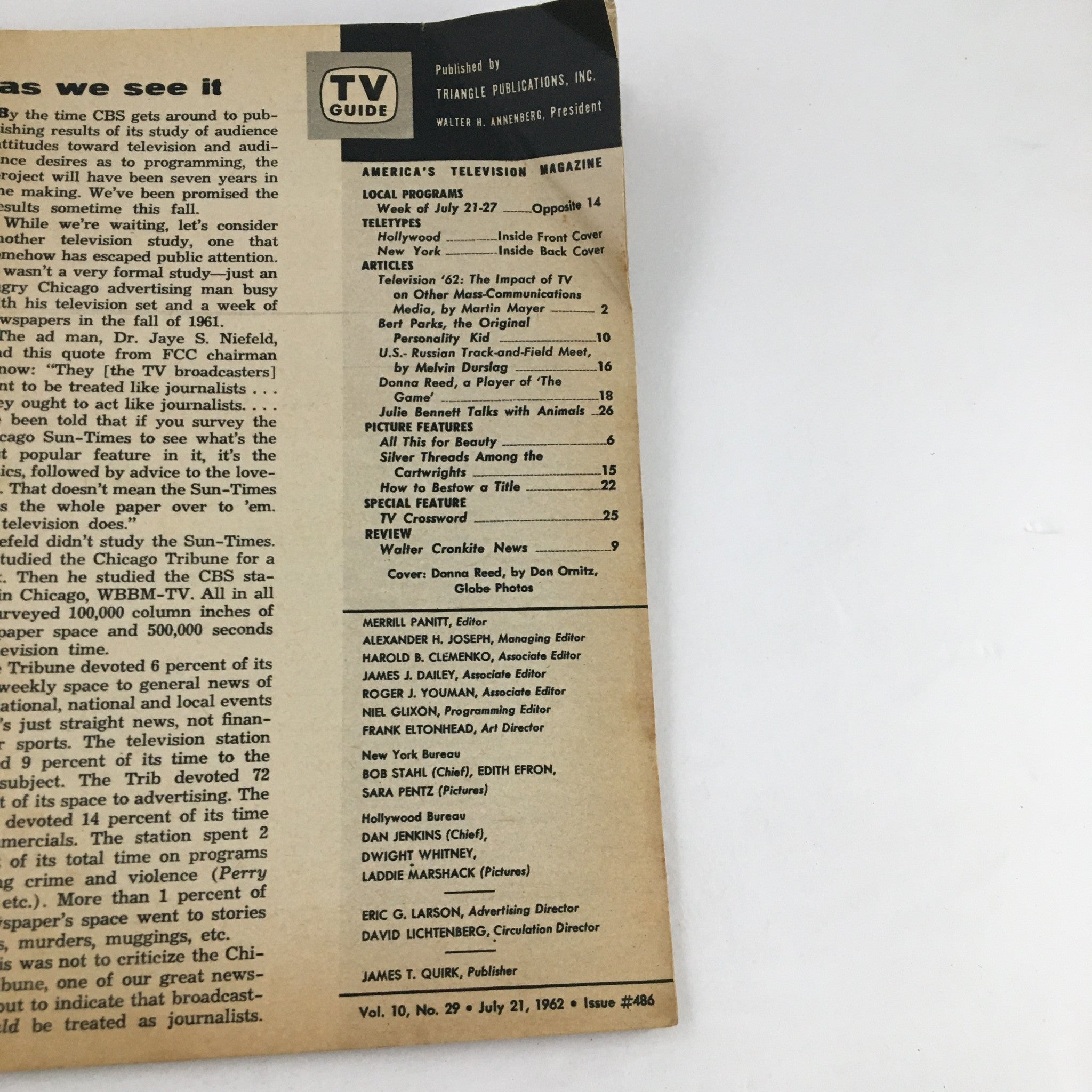 Back cover of TV Guide Magazine July 21 1962, featuring a detailed table of contents and editor information highlighting programming and features of the time.