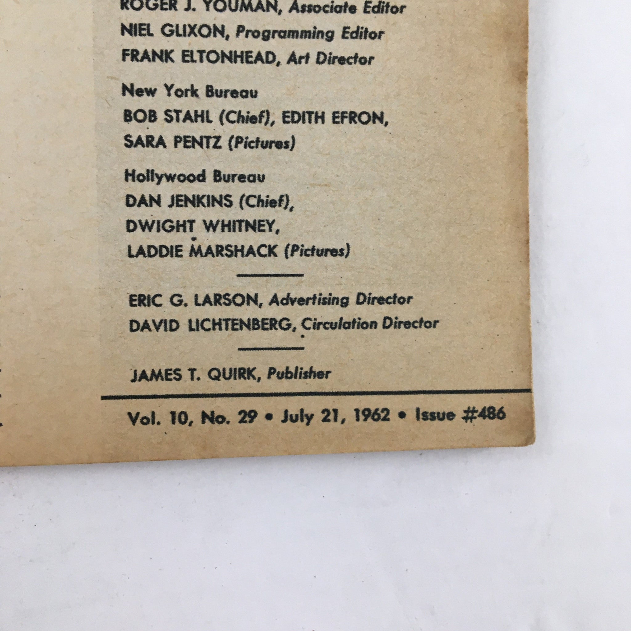 Continuation of the back cover of TV Guide Magazine July 21 1962, showcasing editor and contributor names along with publication details.