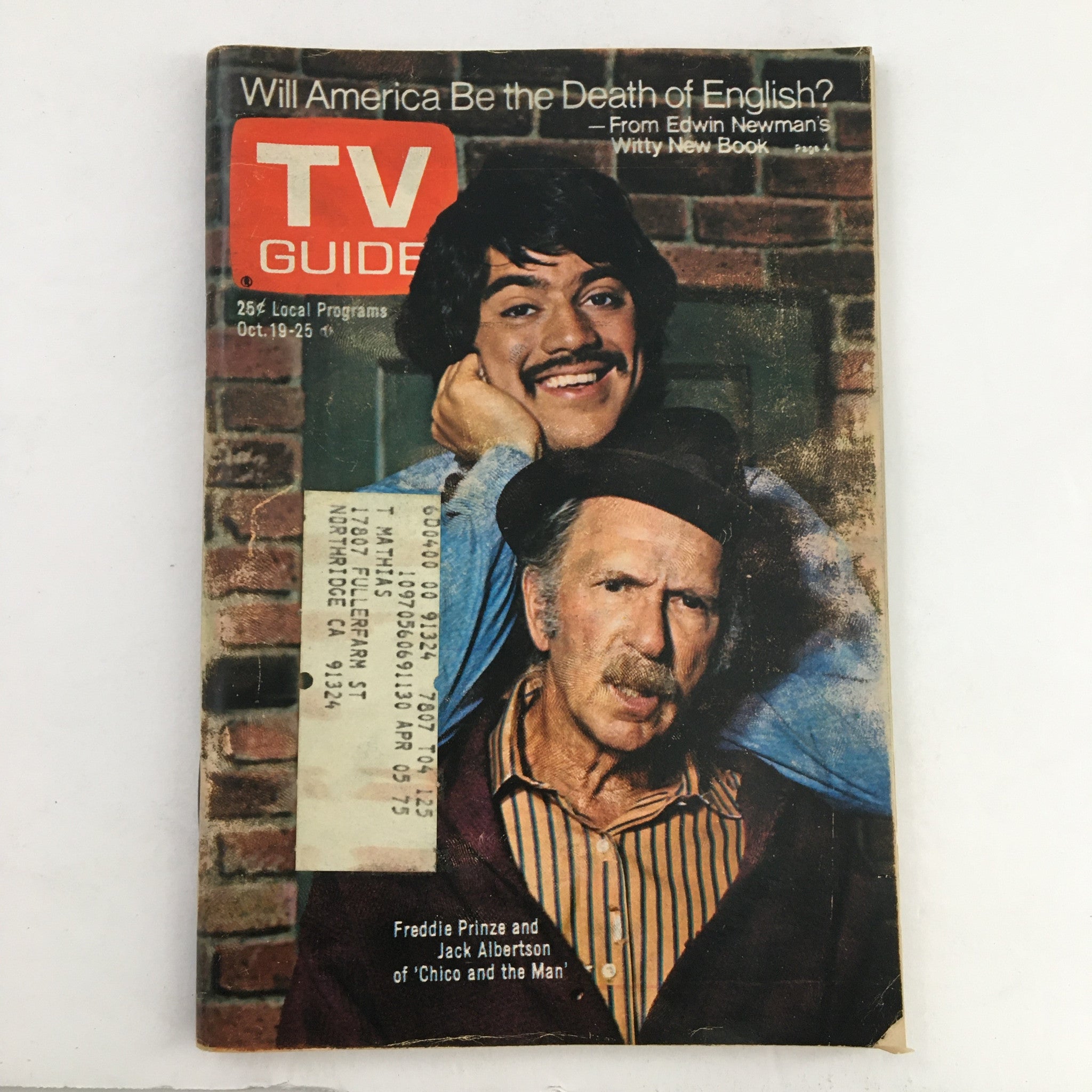 Cover of TV Guide Magazine from October 19, 1974 featuring Freddie Prinze and Jack Albertson, showcasing classic television nostalgia.