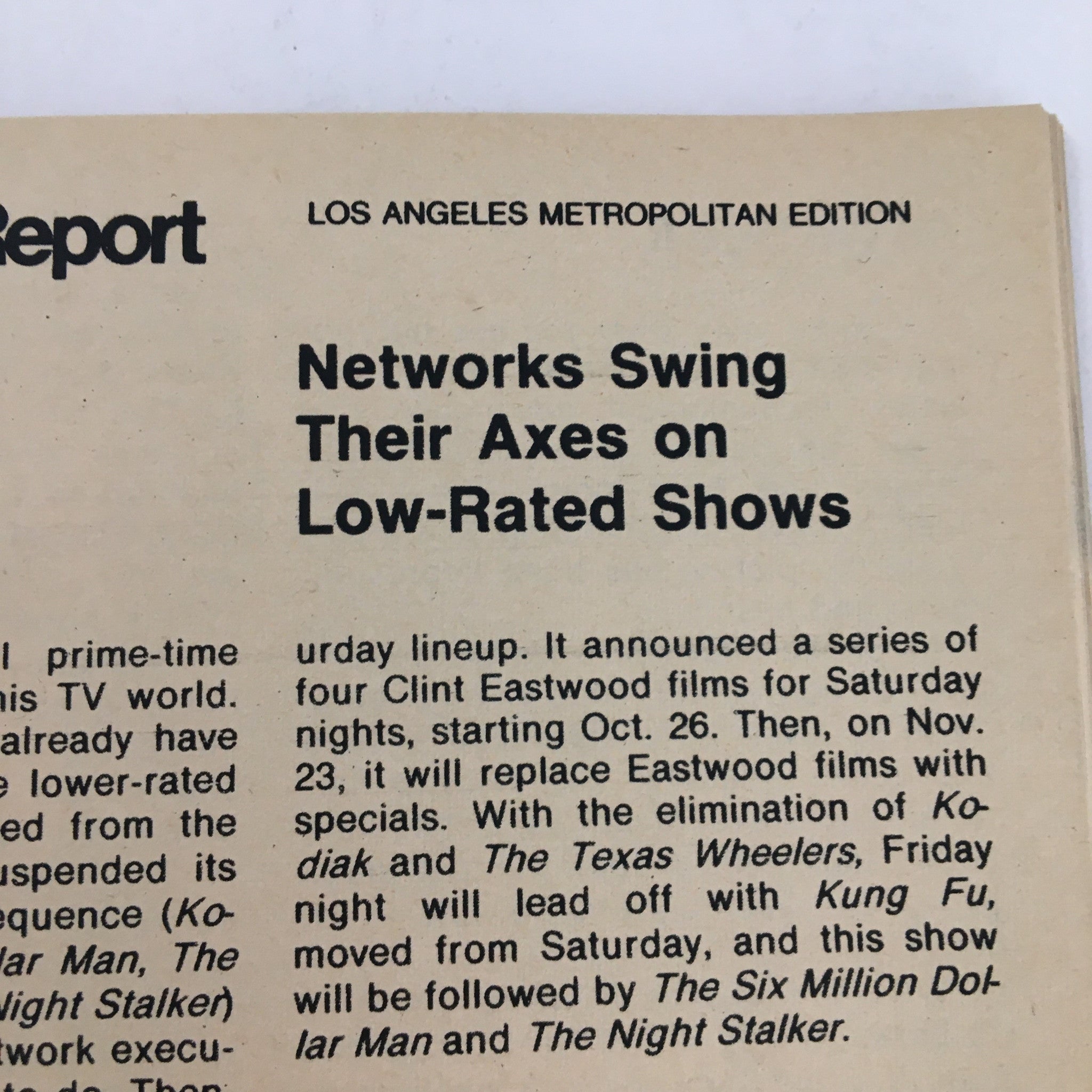 Excerpt from TV Guide Magazine October 19, 1974 discussing network programming changes, part of the memorabilia featuring Freddie Prinze and Jack Albertson.