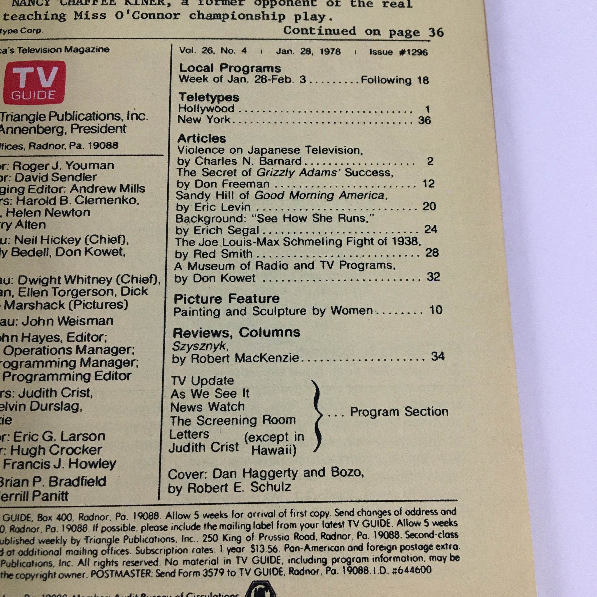 TV Guide Magazine January 28 1978 Dan Haggerty and Bozo cover page featuring articles and highlights of the issue, showcasing the vibrancy of television history during the late 1970s.