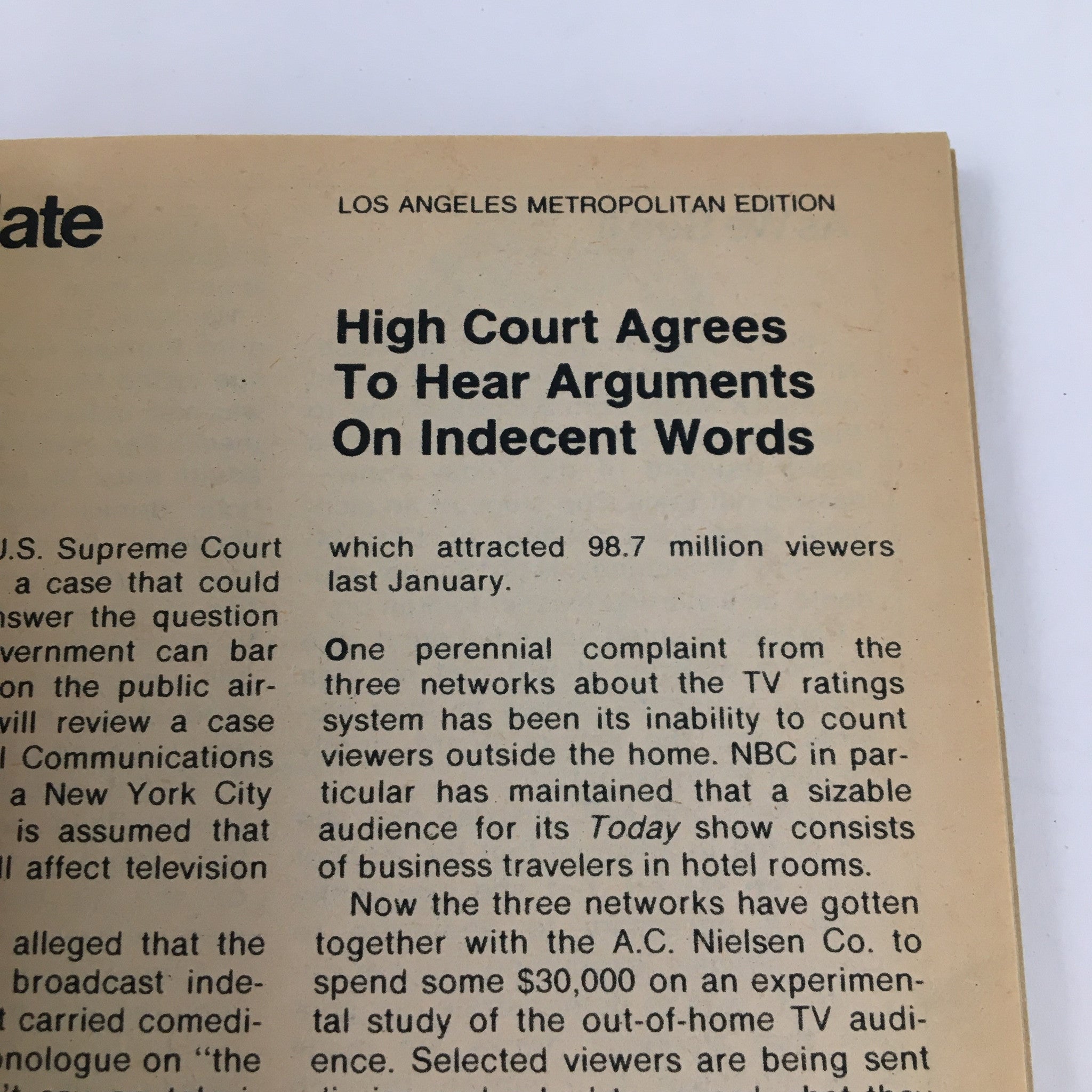 Inside page from TV Guide Magazine January 28 1978, discussing a Supreme Court case related to indecent words on television, part of the Los Angeles Metropolitan Edition.