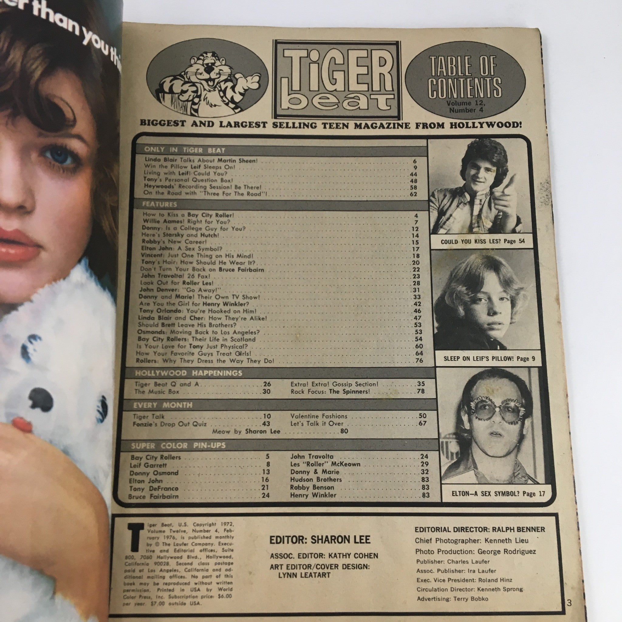 Table of contents page from Tiger Beat Magazine February 1976, listing features and articles related to the pop culture of the time.