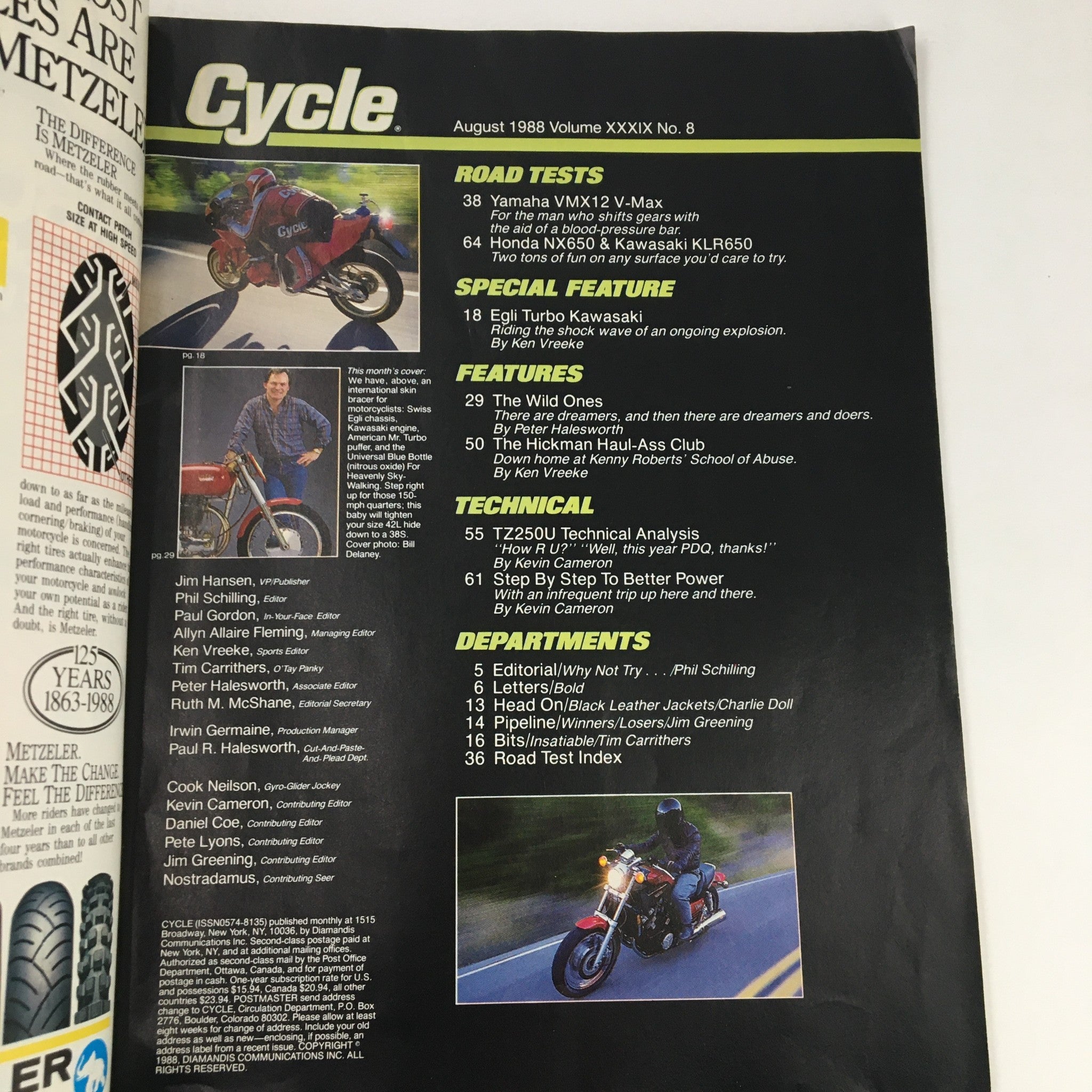 Cycle Magazine August 1988 Turbo Egli-Kawasaki and Yamaha V-Max Super-Thriller