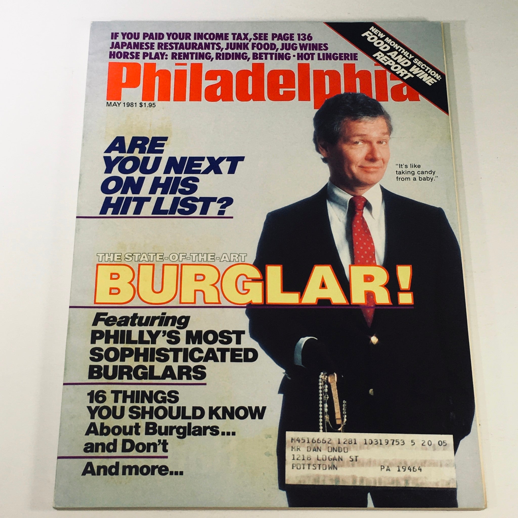Cover of VTG Philadelphia Magazine May 1981 featuring the headline 'Are You Next on His Hit List?' and a depiction of a man in formal attire, representing Philly's Most Sophisticated Burglars.