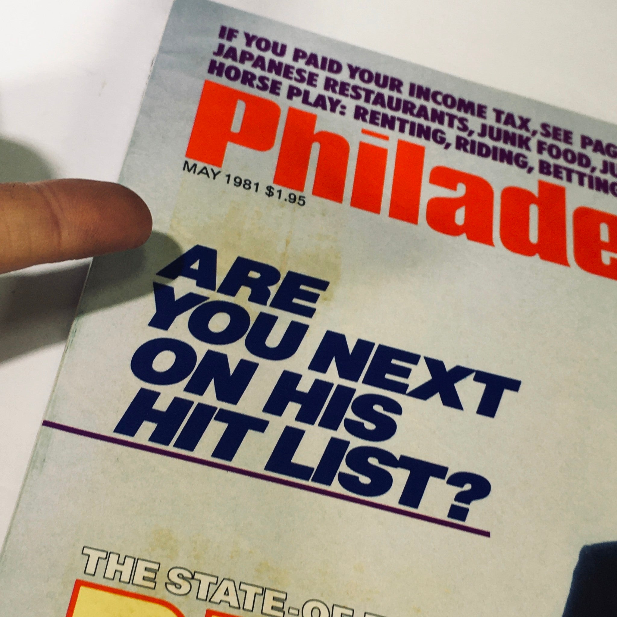Close-up of the headline 'Are You Next on His Hit List?' from VTG Philadelphia Magazine May 1981, indicating the magazine's focus on crime and urban concerns.