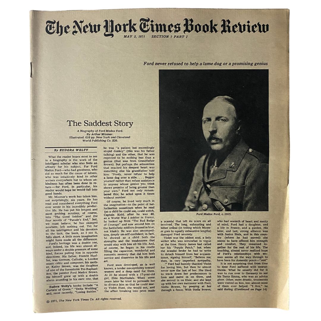 Cover page of The New York Times Book Review from May 2, 1971, featuring the article 'The Saddest Story' by Eudora Welty, along with a portrait of Ford Madox Ford.
