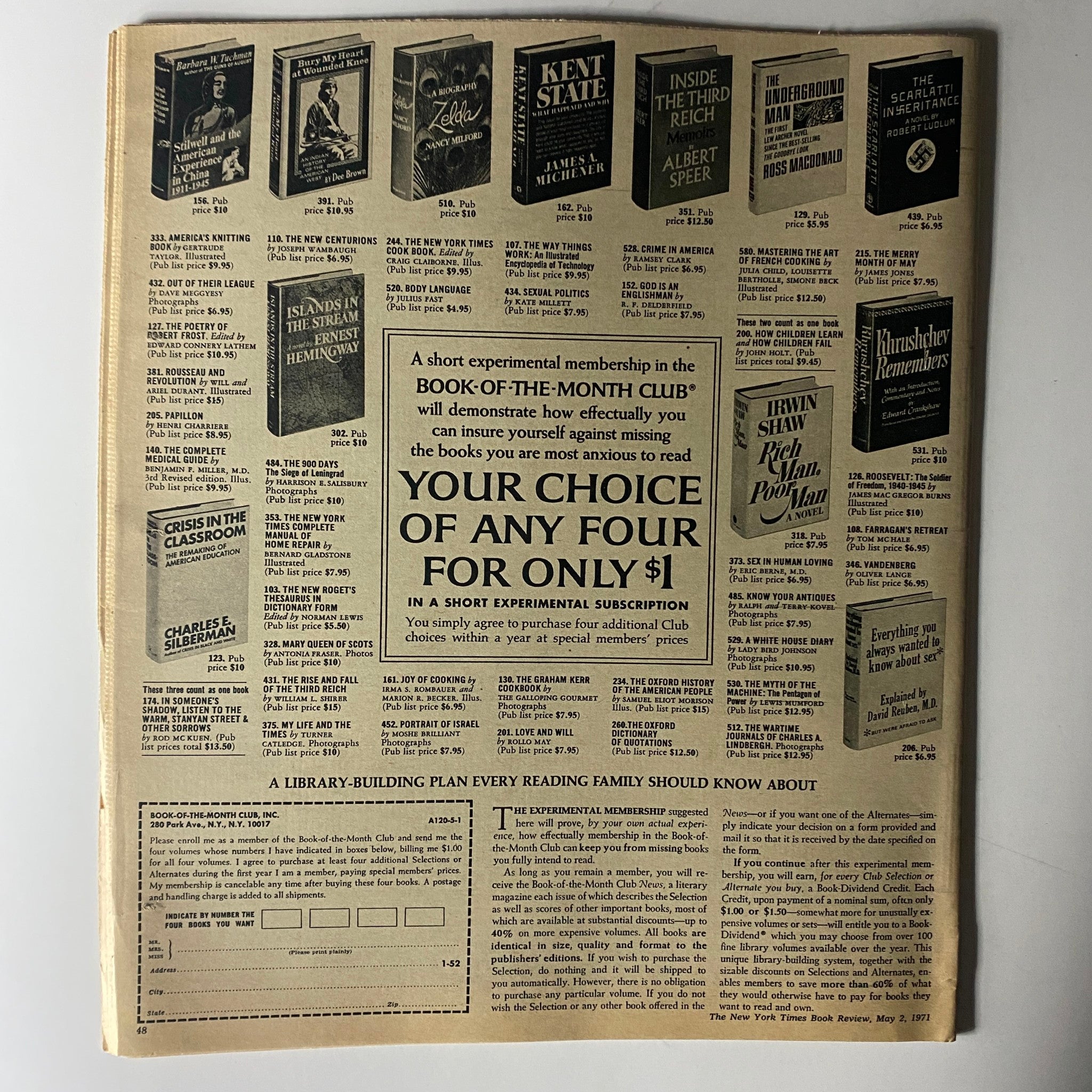 Back cover of The New York Times Book Review from May 2, 1971, showcasing advertisements, including a special subscription offer for the Book-of-the-Month Club.