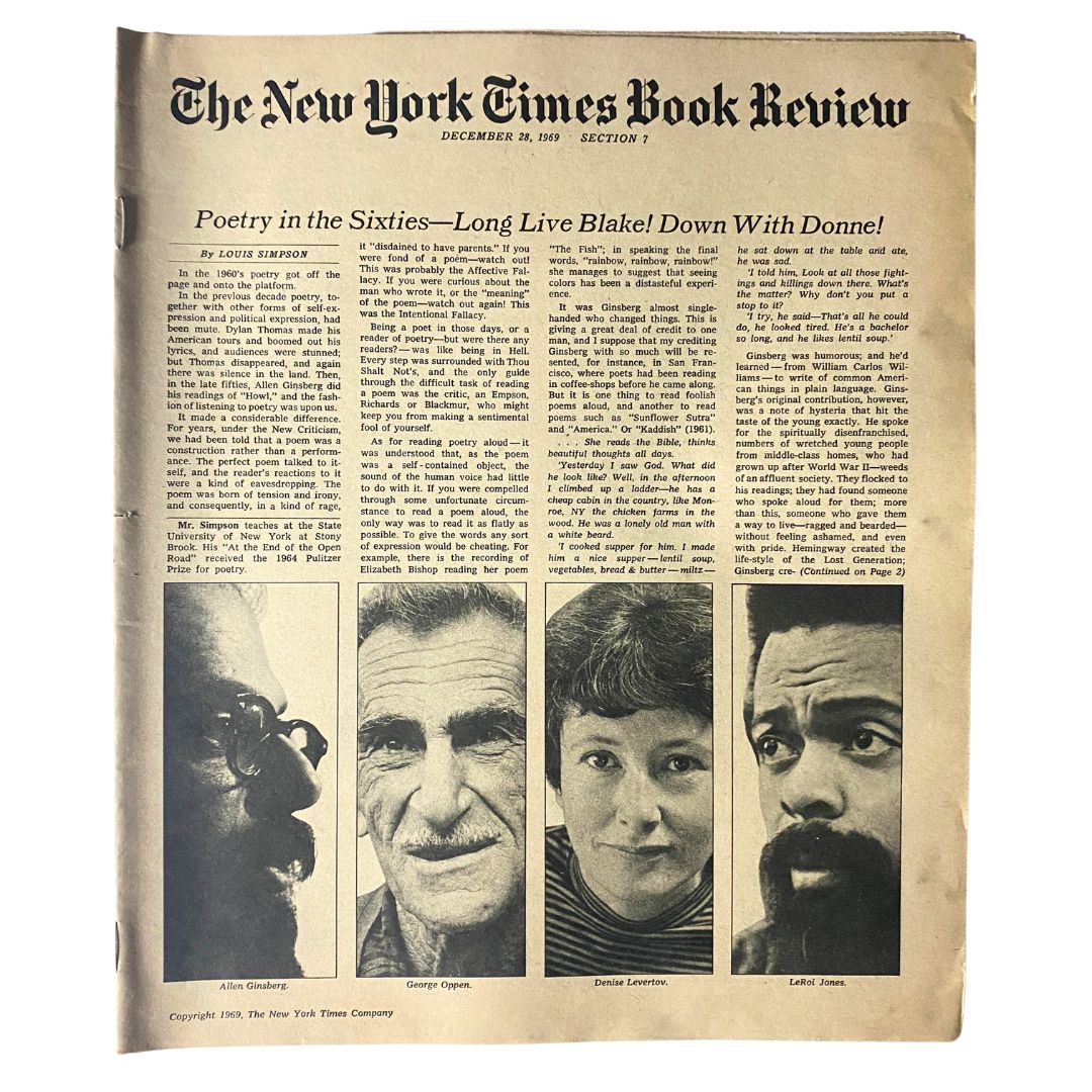 The New York Times Book Review December 28 1969 cover featuring an article on poetry in the sixties, including photographs of notable poets and commentary on the era's literary transformation.