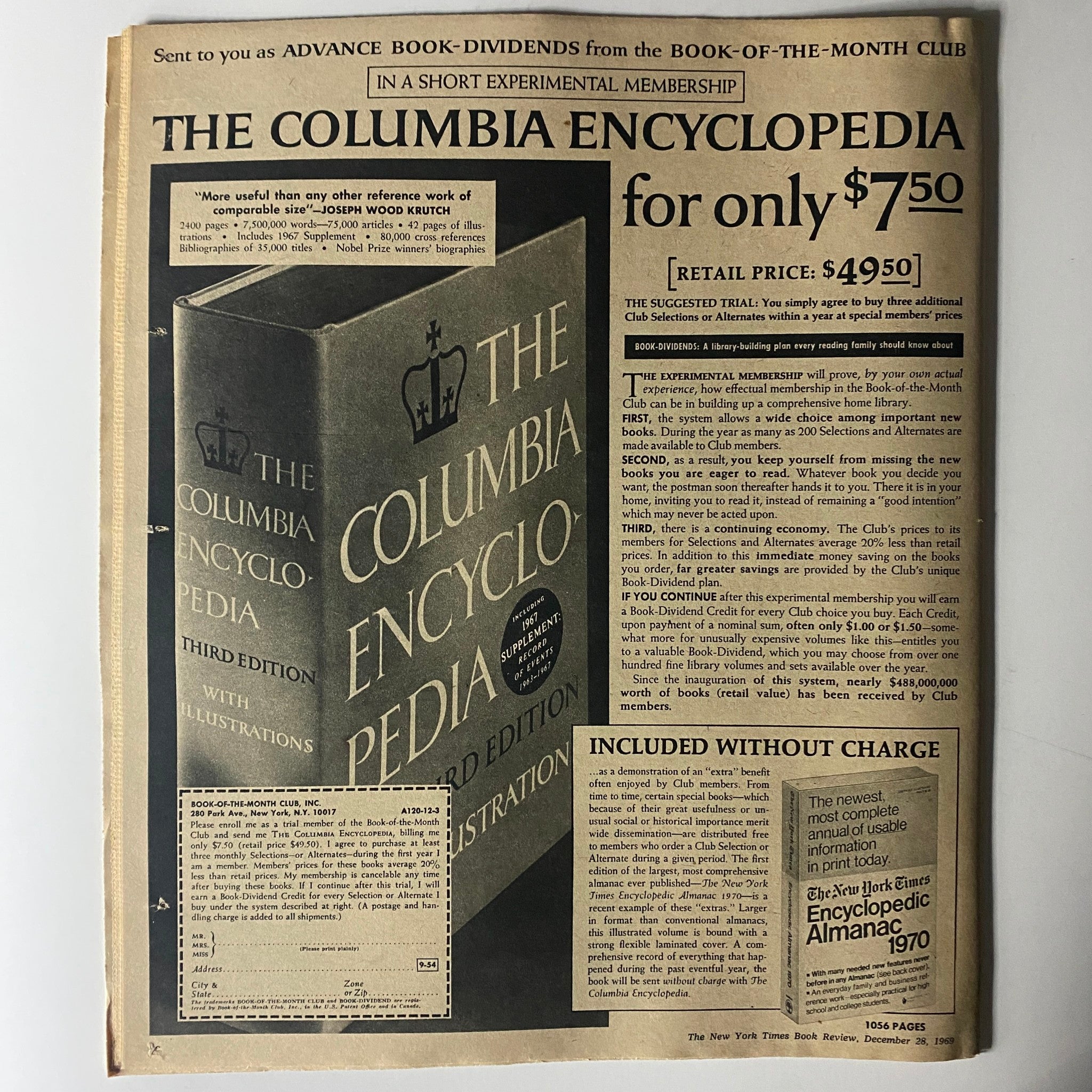 Vintage advertisement from The New York Times Book Review December 28 1969 featuring The Columbia Encyclopedia third edition. The ad highlights pricing and promotional offer details.