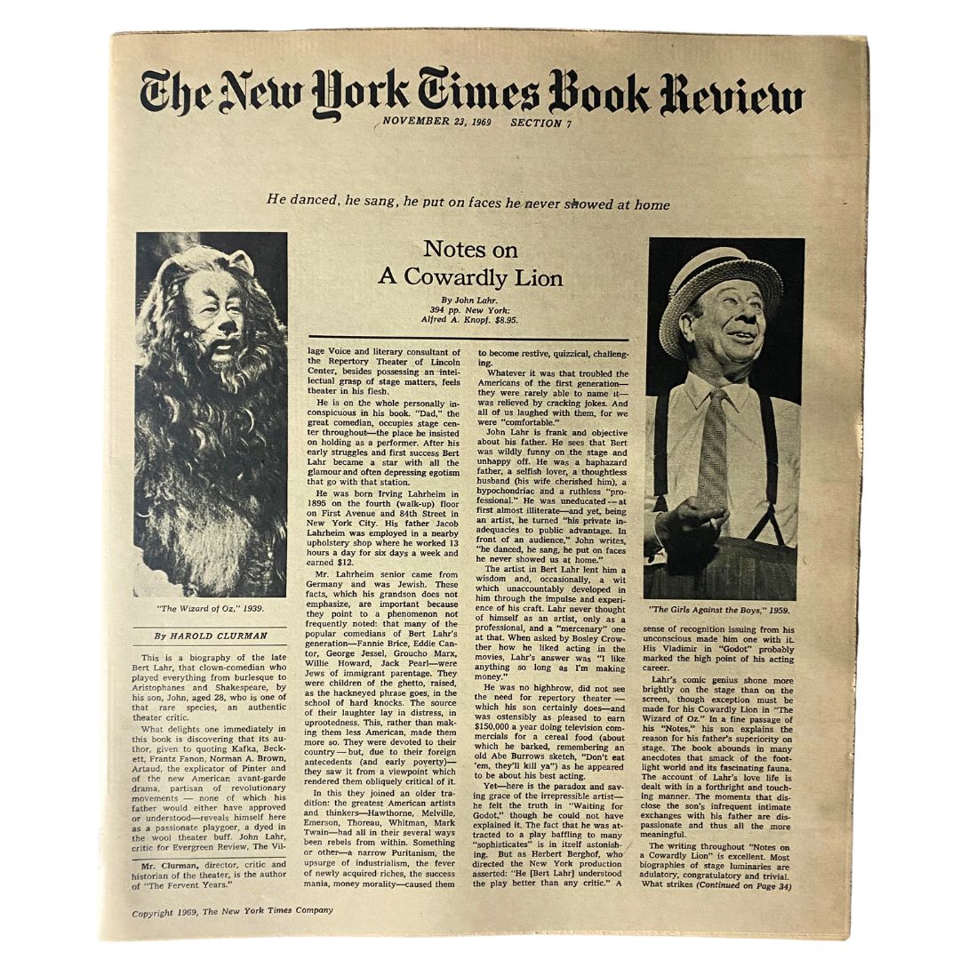The New York Times Book Review from November 23, 1969, featuring an article titled 'Notes on A Cowardly Lion,' showcasing an illustration of a lion and a speaker.