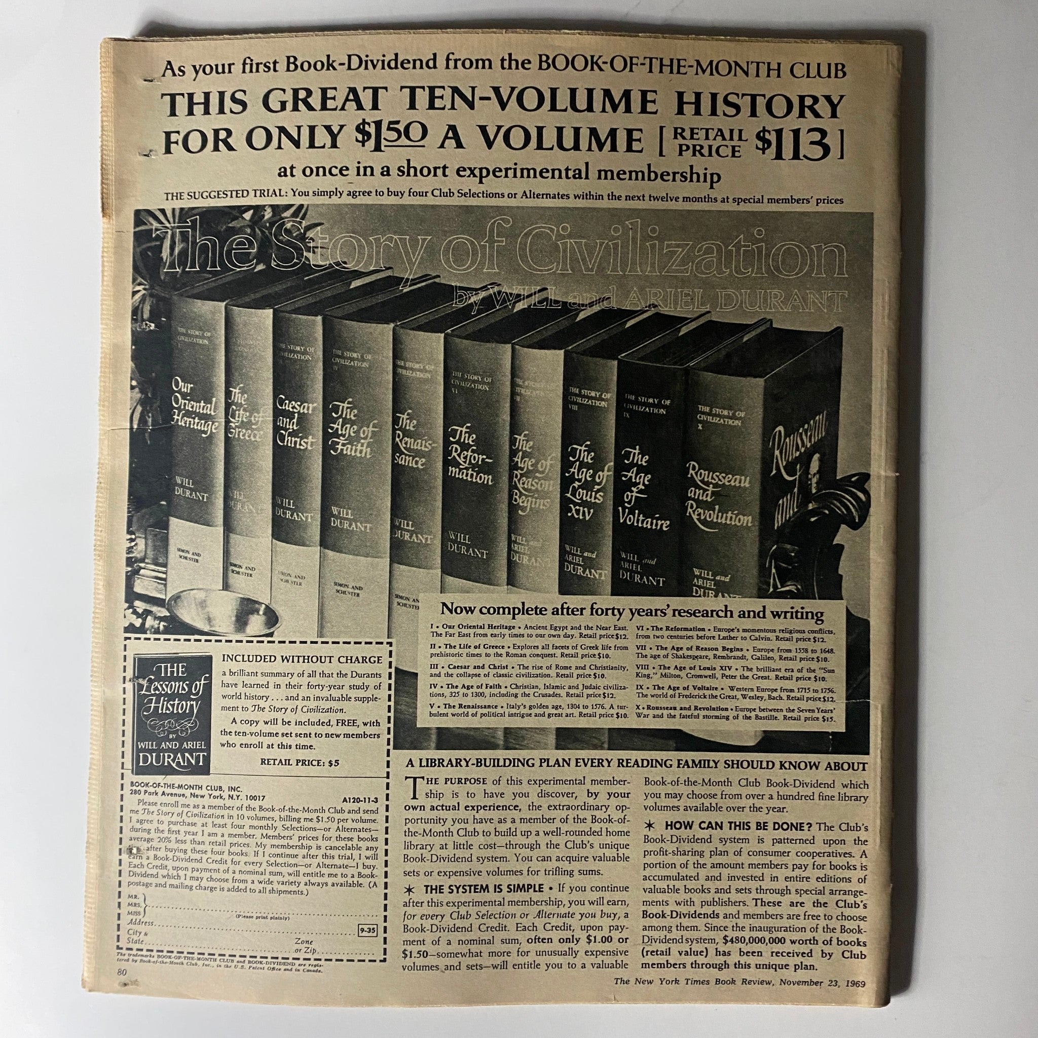 The New York Times Book Review from November 23, 1969, displaying an advertisement for 'The Story of Civilization' ten-volume history by Will and Ariel Durant.
