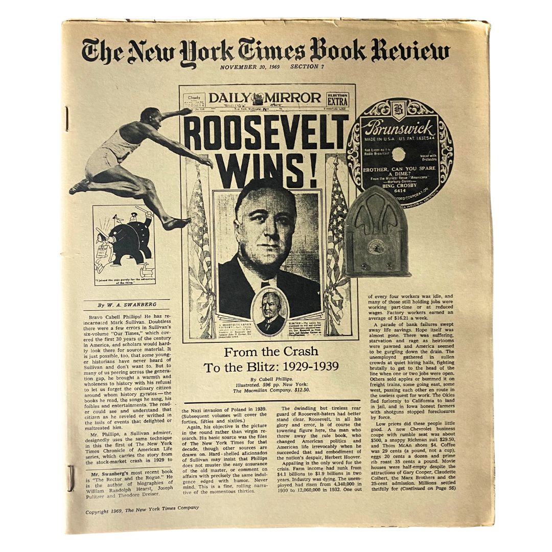 The New York Times Book Review November 30 1969 featuring the headline "Roosevelt Wins" and showcasing a vintage newspaper design.