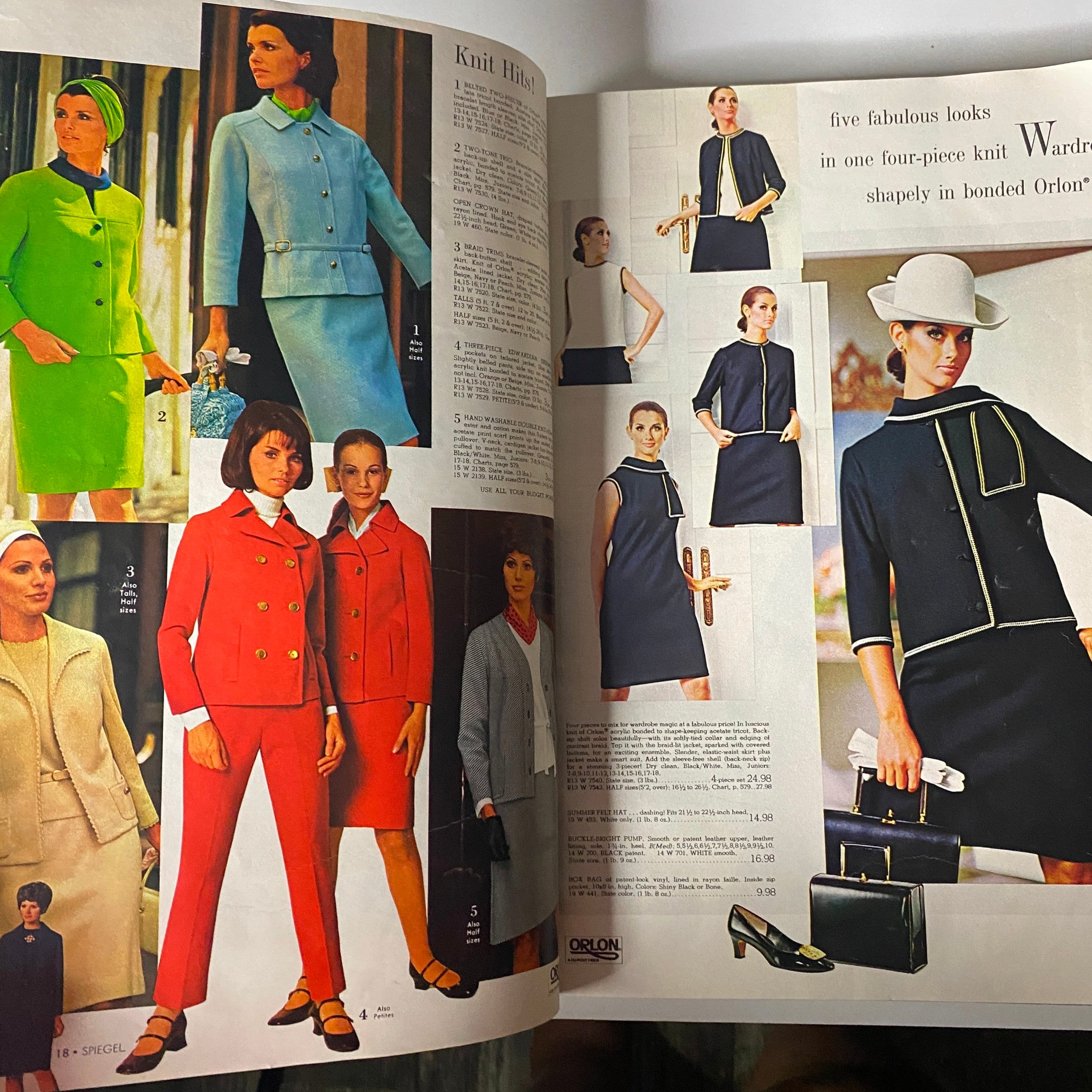Inside pages of the 1969 Spiegel Spring and Summer Catalog featuring the 'Knit Hits!' section with modern knitwear styles including a four-piece wardrobe in various colors.