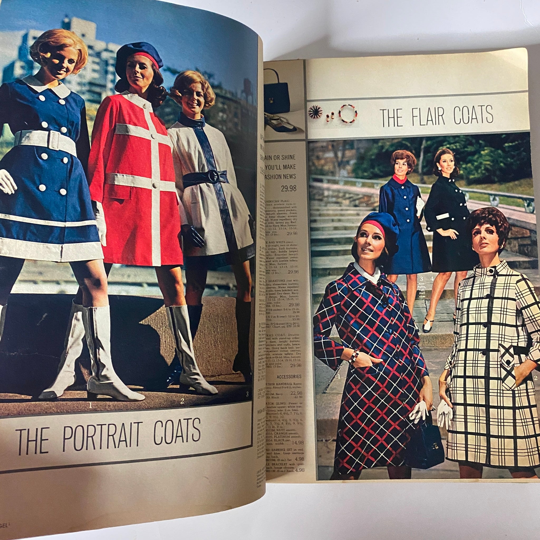 Inside pages of the 1969 Spiegel Spring and Summer Catalog displaying 'The Portrait Coats' and 'The Flair Coats' featuring groups of models showcasing fashionable dresses and coats.