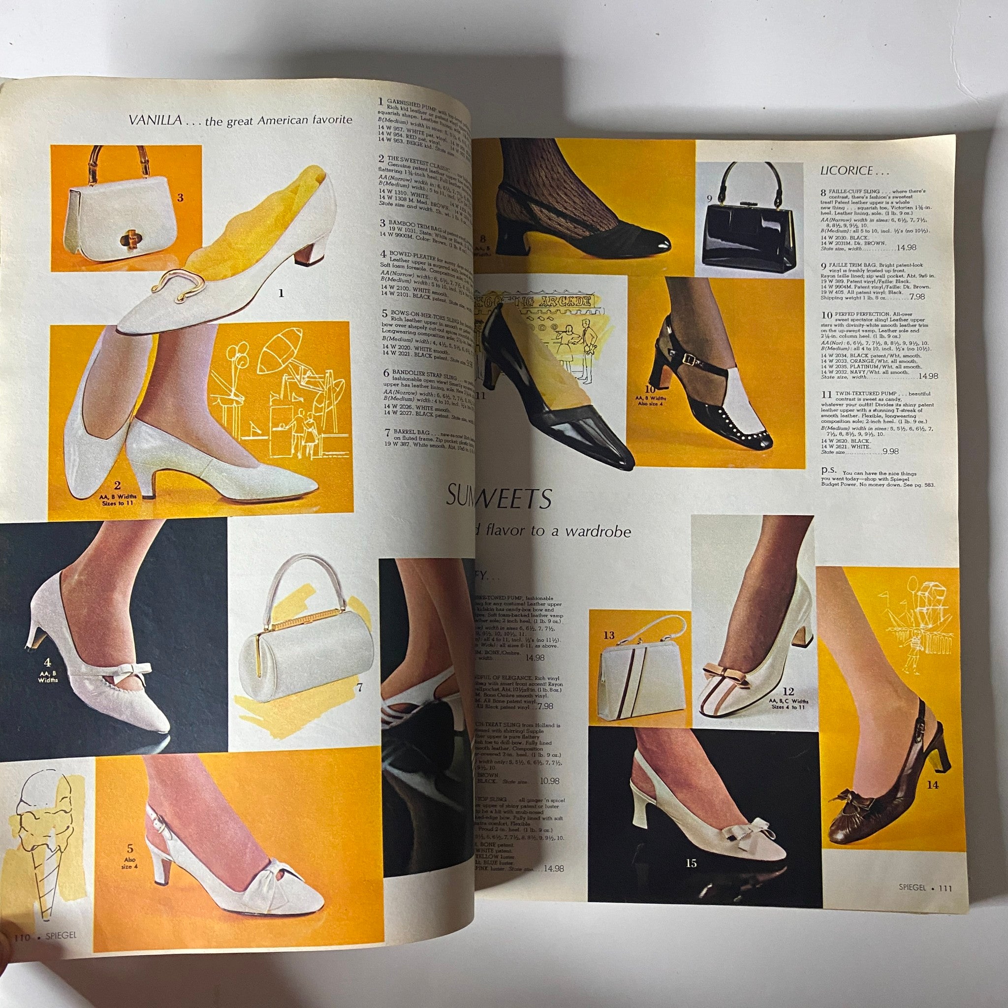 1969 Spiegel Spring and Summer Catalog displaying a fashionable 'Sunweets' page with illustrations of elegant women's footwear, including high heels and purses, capturing mid-century shoe design and style.
