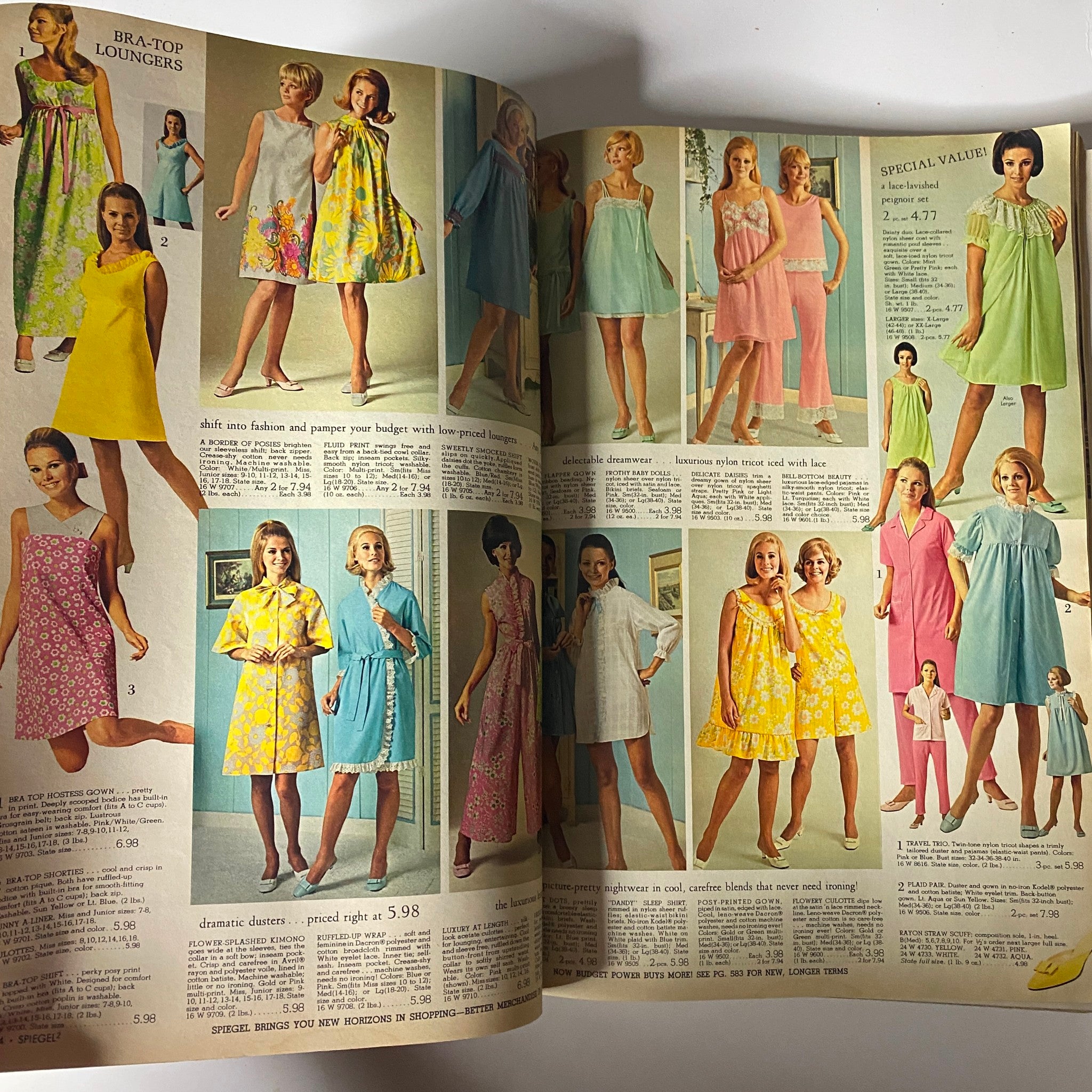 1969 Spiegel Spring and Summer Catalog presenting the 'Bra-Top Loungers' section with models posing in relaxed loungewear, featuring bright colors and floral patterns typical of the late 1960s fashion.