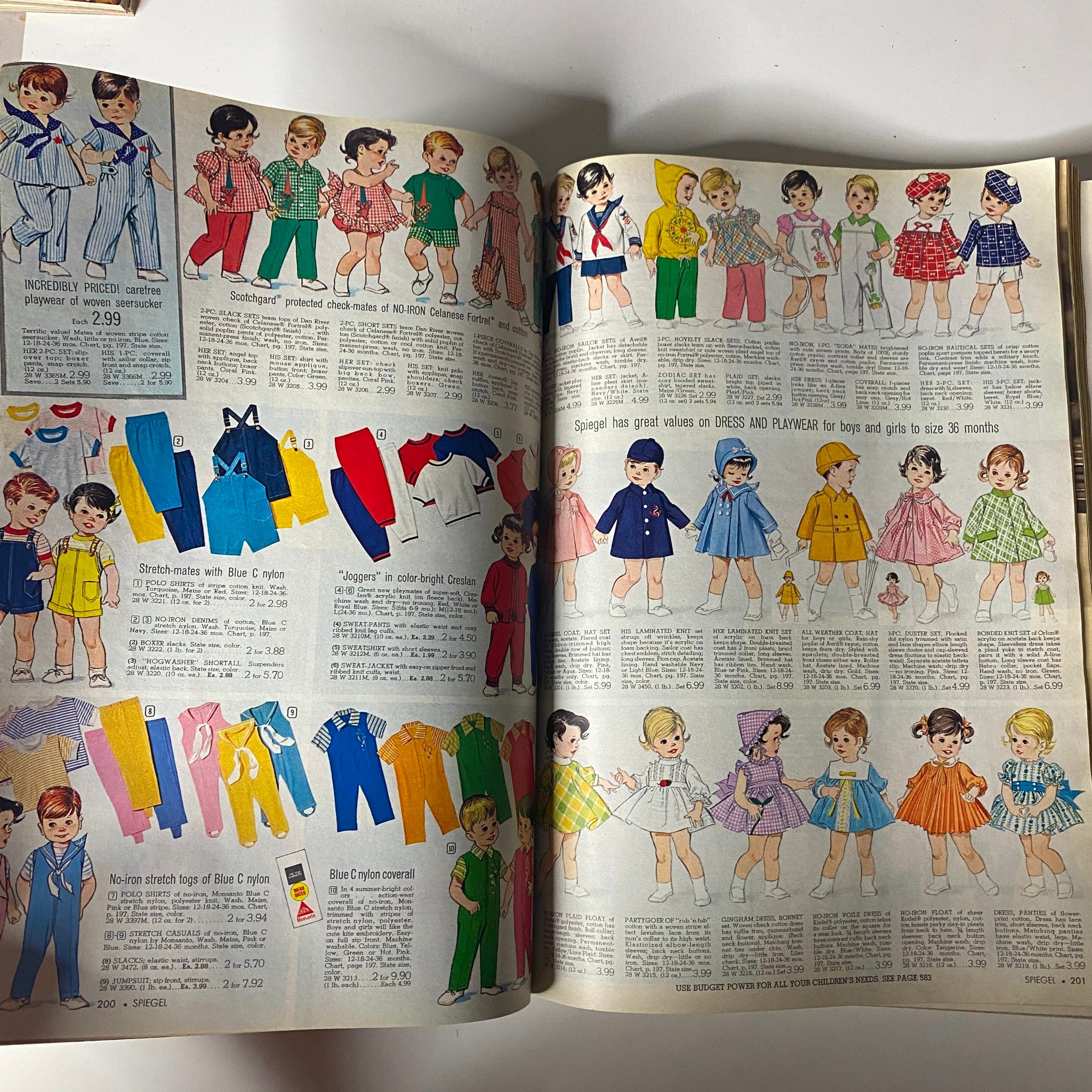 1969 Spiegel Spring and Summer Catalog showcasing children's clothing on the 'Boys and Girls' page, illustrating playful outfits and patterns for young children, reflecting family fashion styles of the late 1960s.