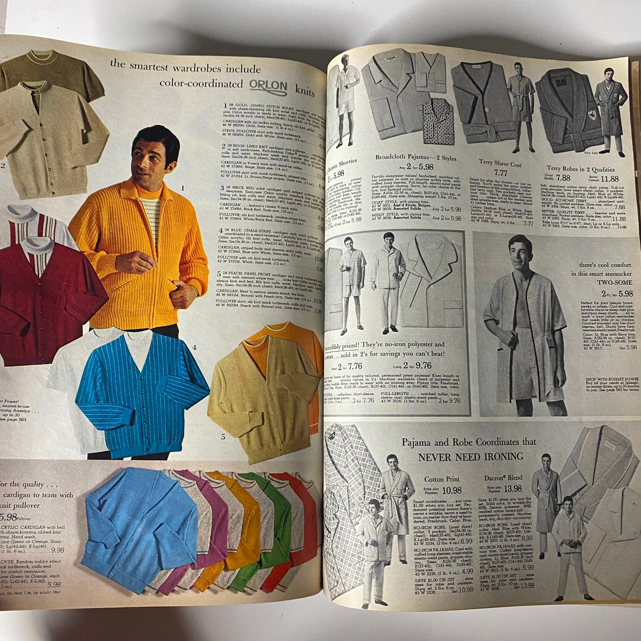 1969 Spiegel Spring and Summer Catalog showcasing colorful ORLON knit garments including cardigans and sweaters in vibrant hues.