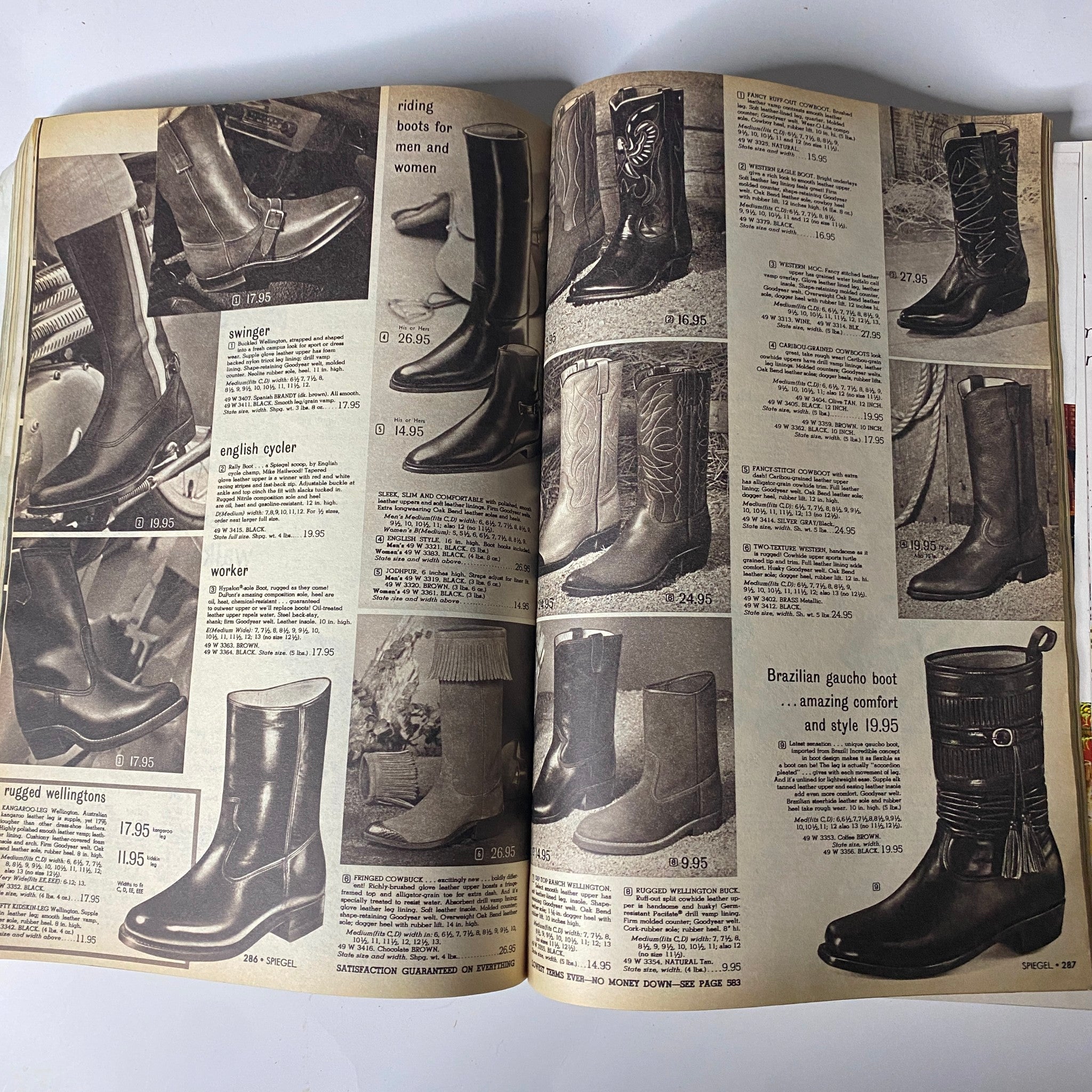 1969 Spiegel Spring and Summer Catalog displaying various stylish boots for men and women, including rugged and fashionable designs with pricing information.