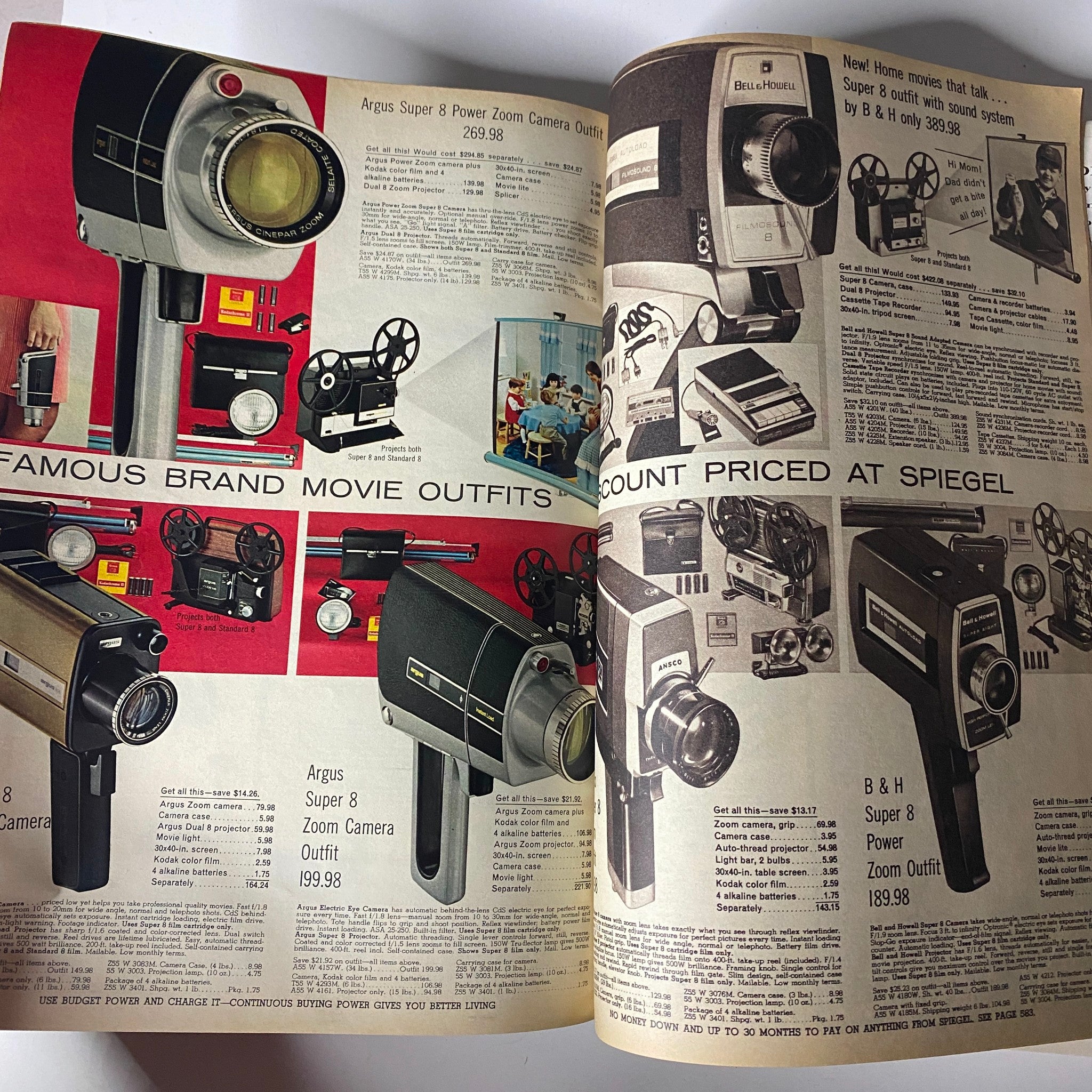 1969 Spiegel Spring and Summer Catalog exhibiting a selection of cameras and filming equipment, emphasizing popular brands and affordable pricing.