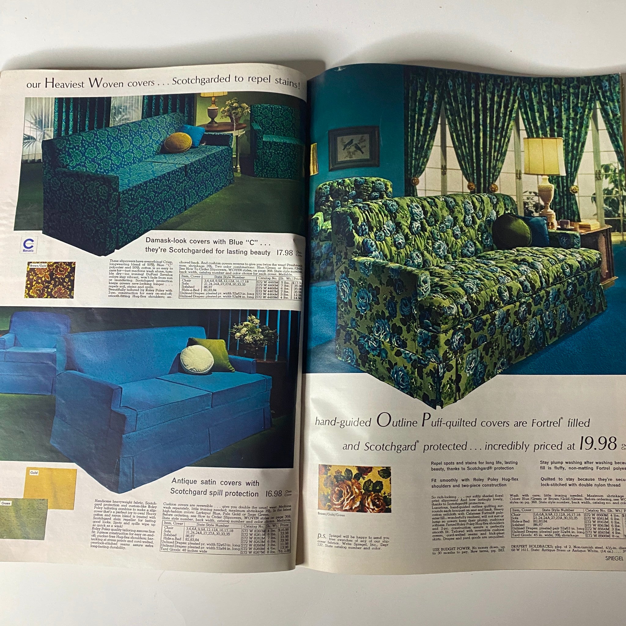 1969 Spiegel Spring and Summer Catalog featuring stylish sofa covers with vibrant floral patterns and Scotchgard protection, emphasizing home decor trends from the late 1960s.