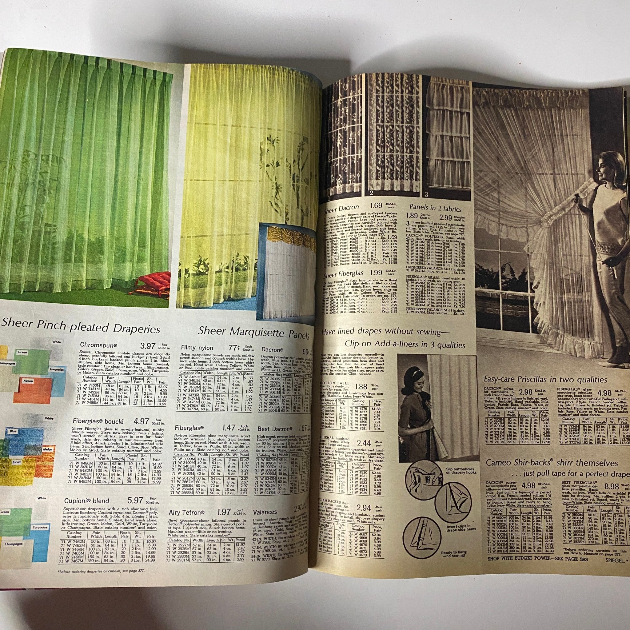1969 Spiegel Spring and Summer Catalog displaying a selection of sheer pinch-pleated draperies and marquisette panels, highlighting popular window treatments in 1969.