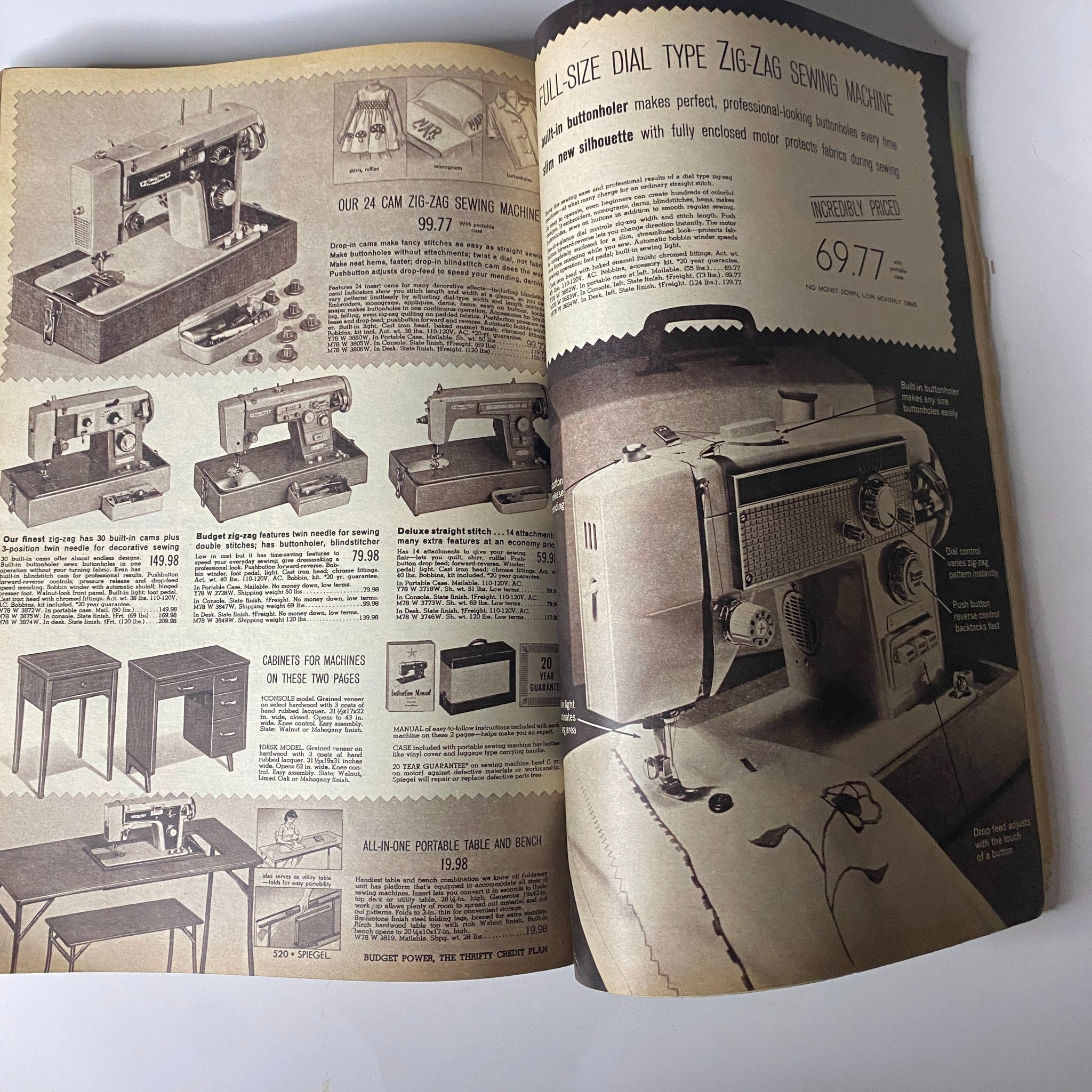 1969 Spiegel Spring and Summer Catalog showcasing sewing machines, including zig-zag models with detailed features, representing sewing technology from the late 1960s.