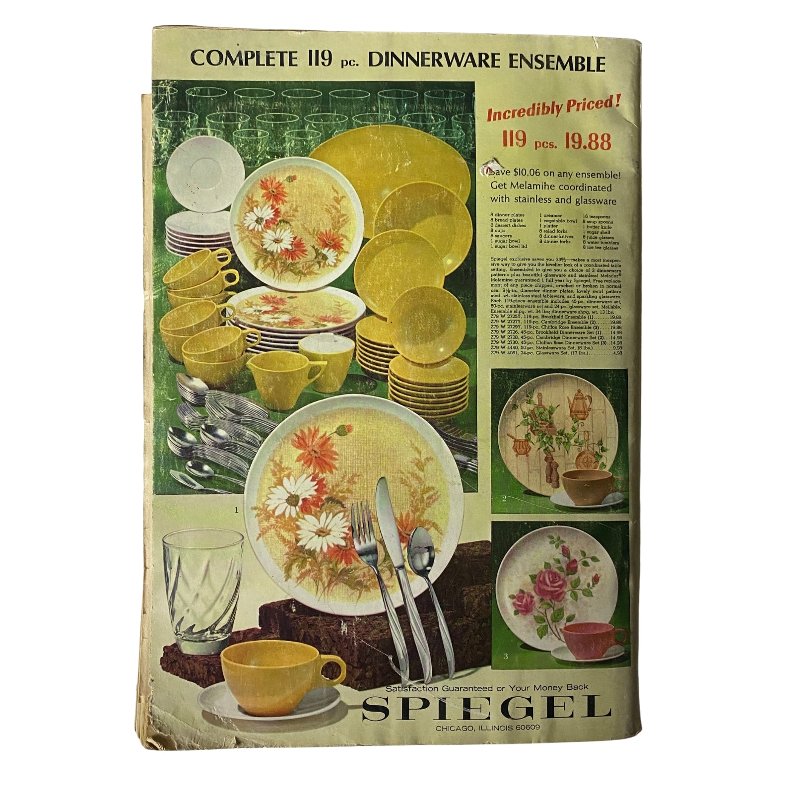 Complete 119-piece dinnerware ensemble from the 1969 Spiegel Spring and Summer Catalog, featuring floral designs and accompanied by stainless and glassware. Ideal for collectors of vintage homeware and mid-century dining aesthetics.