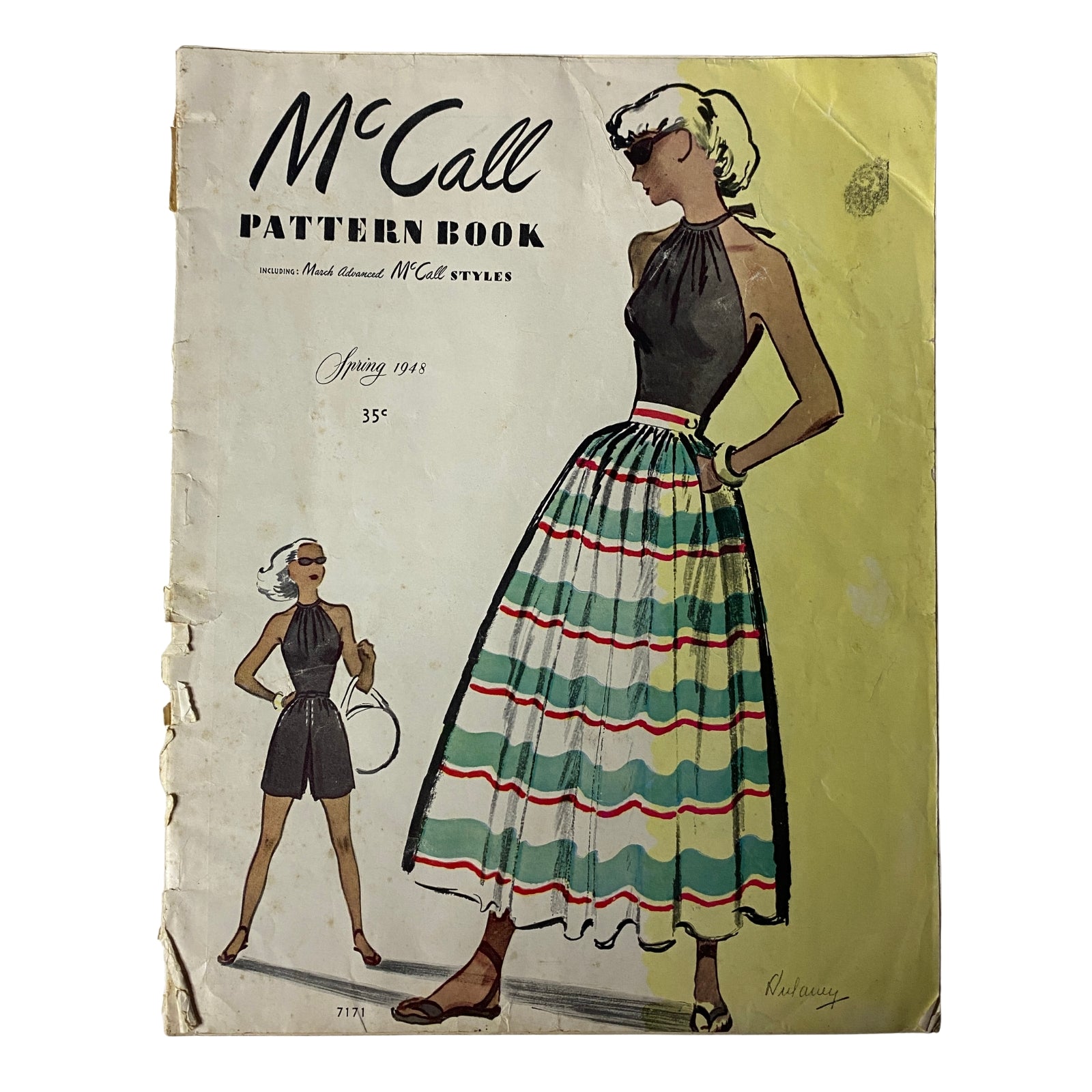 Cover of the 1948 McCall Spring Pattern Book Catalog featuring a stylish illustration of a woman in a black halter top and a striped skirt, along with a smaller figure in a matching outfit.