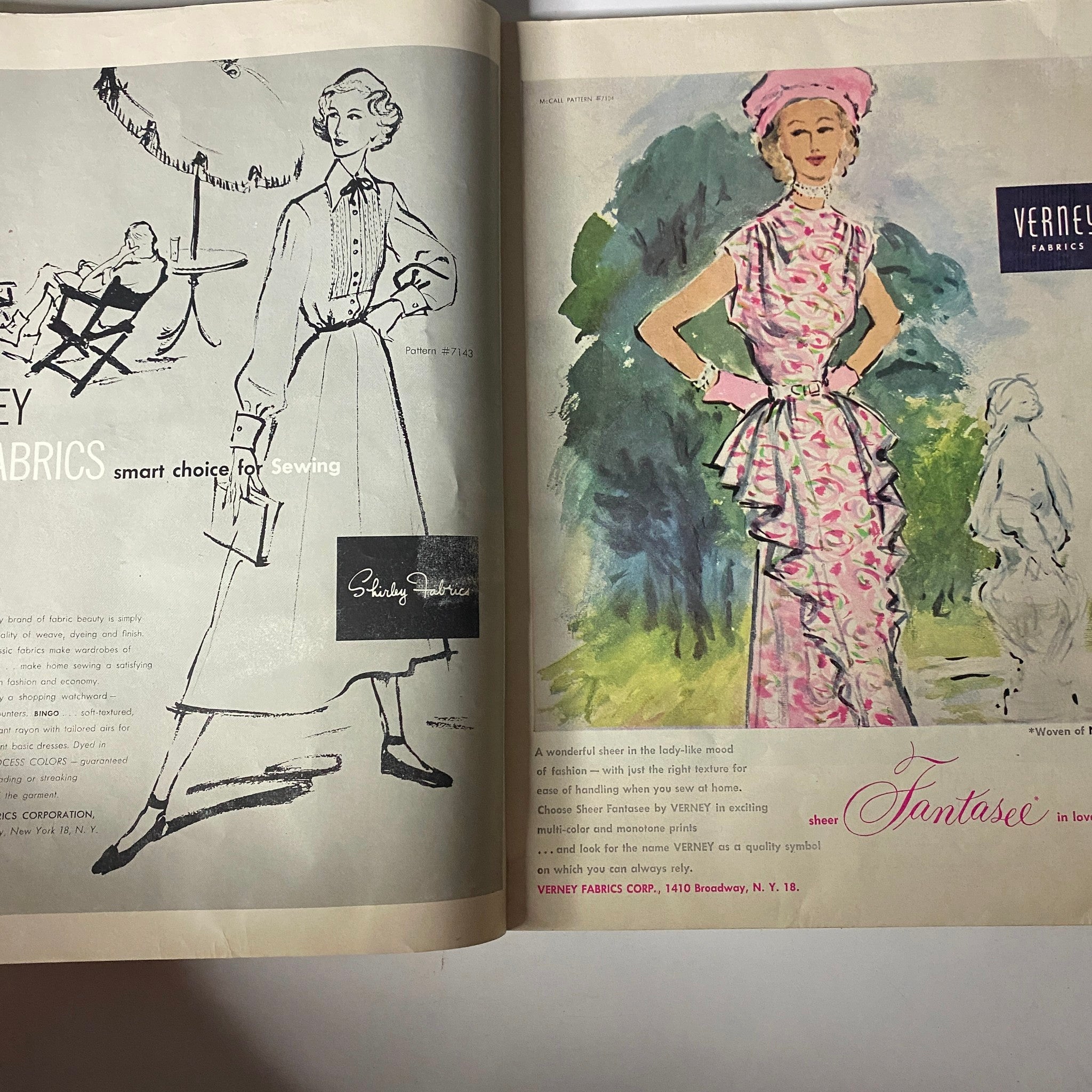 Interior page of the 1948 McCall Spring Pattern Book Catalog showcasing elegant fashion designs, including a vintage evening gown and fabric advertisements.