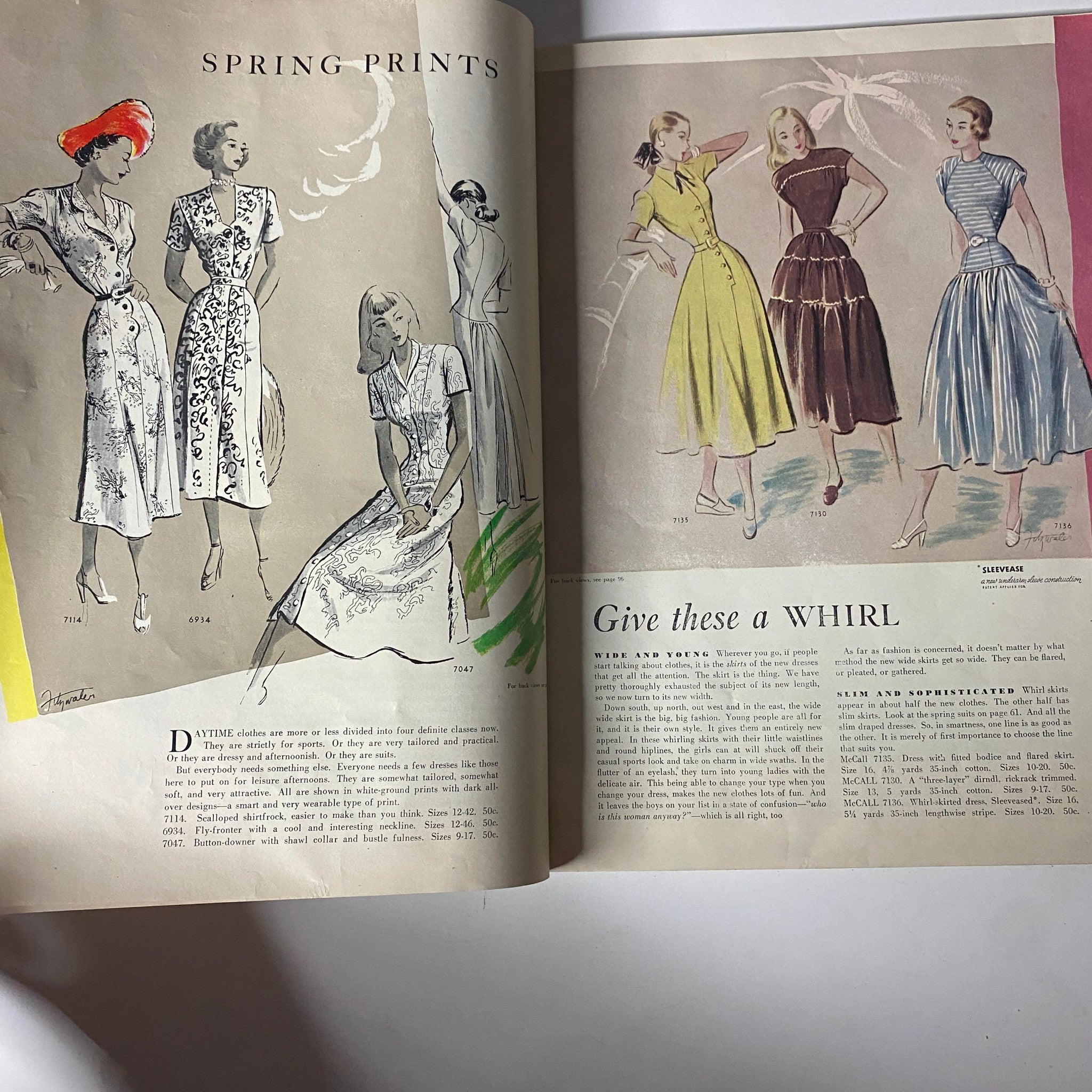 Another interior page from the 1948 McCall Spring Pattern Book Catalog presenting a collection of dress patterns under the theme 'Spring Prints' including vibrant floral designs.