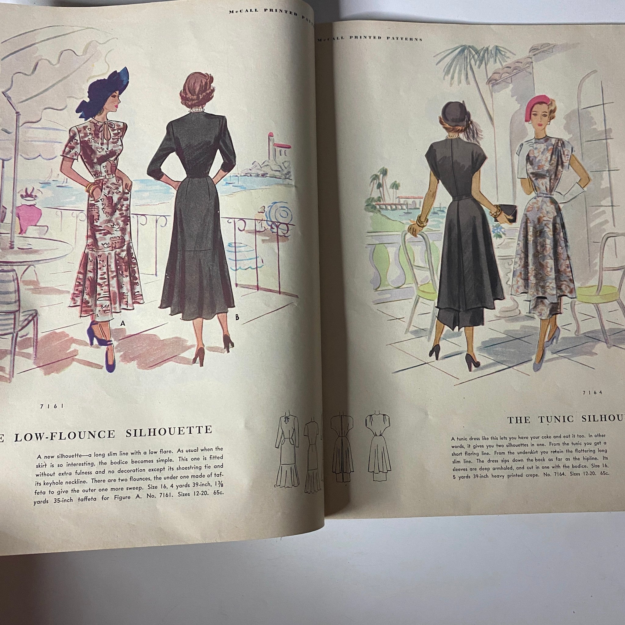 Final interior page of the 1948 McCall Spring Pattern Book Catalog illustrating various fashionable dress silhouettes including the low-flounce silhouette and elegant tunics.
