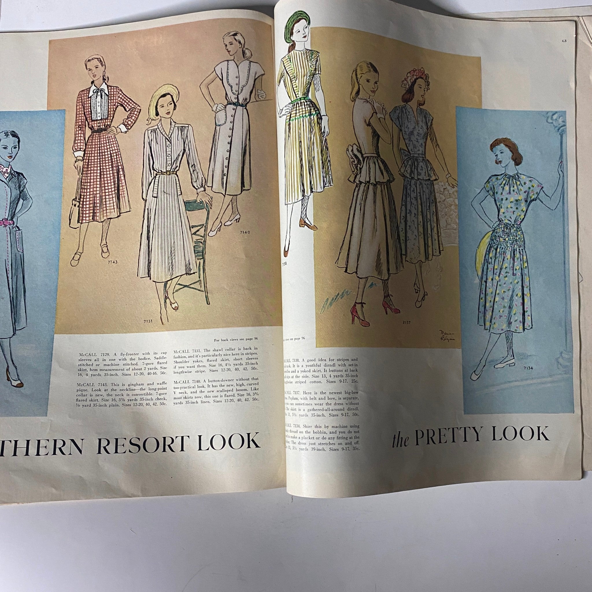 1948 McCall Spring Pattern Book Catalog highlighting various dress styles including a Southern Resort look with a mix of vibrant colors and patterns, perfect for spring fashion.