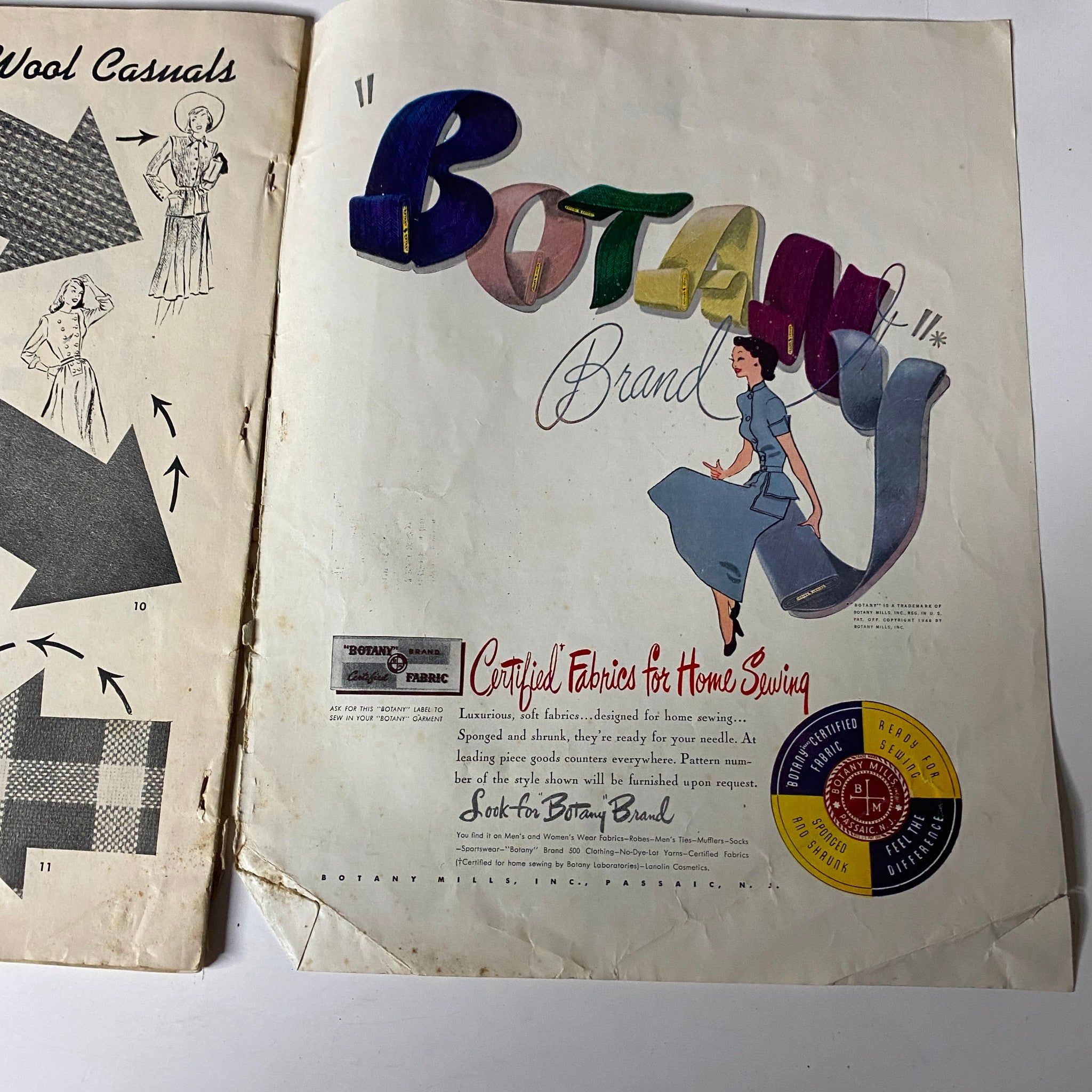 1948 McCall Spring Pattern Book Catalog featuring a promotional page for 'Botank' brand fabrics designed for home sewing, emphasizing quality and creativity in fashion.