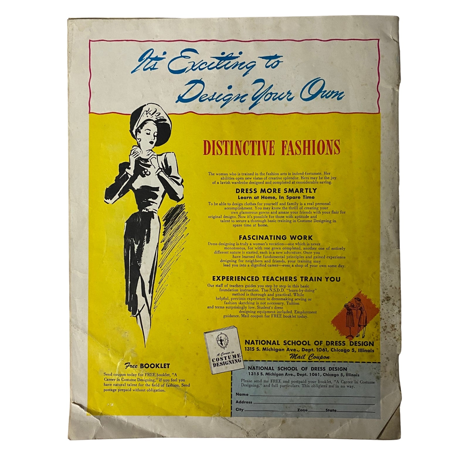 1948 McCall Spring Pattern Book Catalog with an advertisement for distinctive fashion design training, showcasing the art of dressing smartly and creatively.