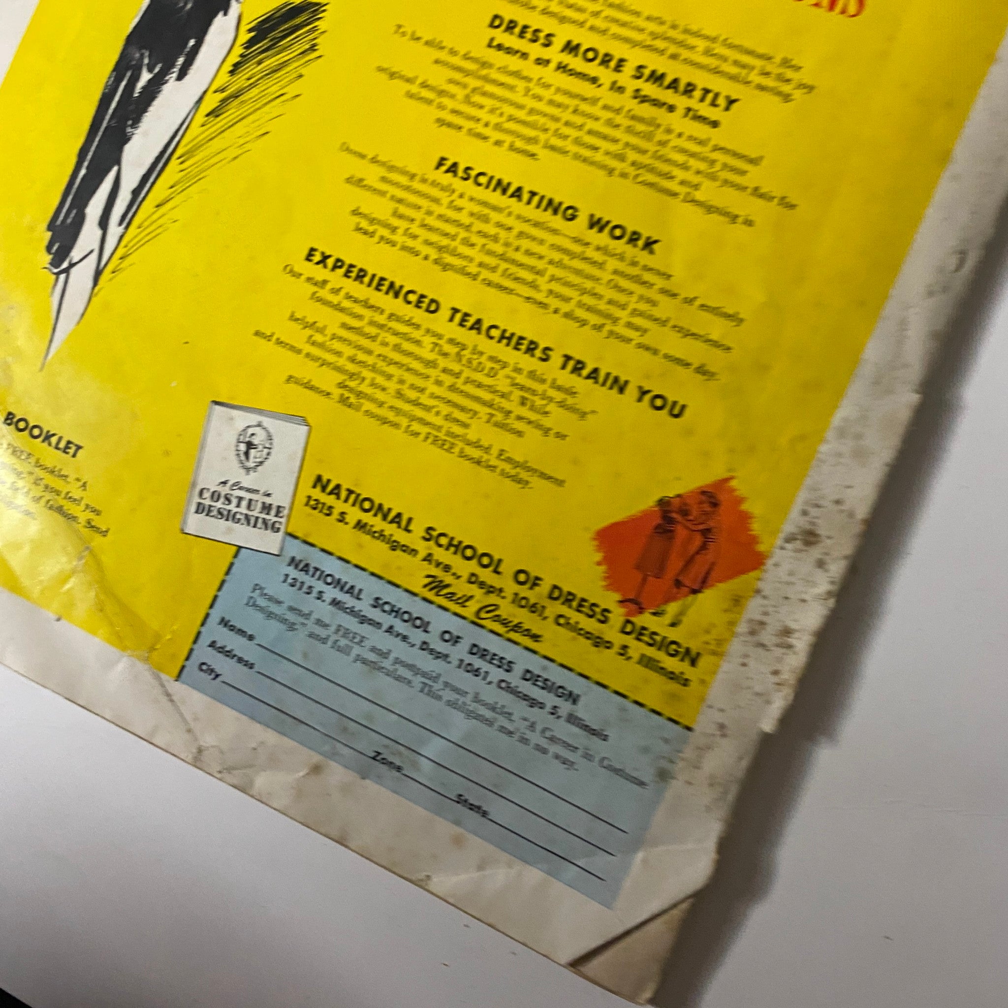 1948 McCall Spring Pattern Book Catalog displaying a close-up of an educational flyer for the National School of Dress Design, focusing on fashion education and training.