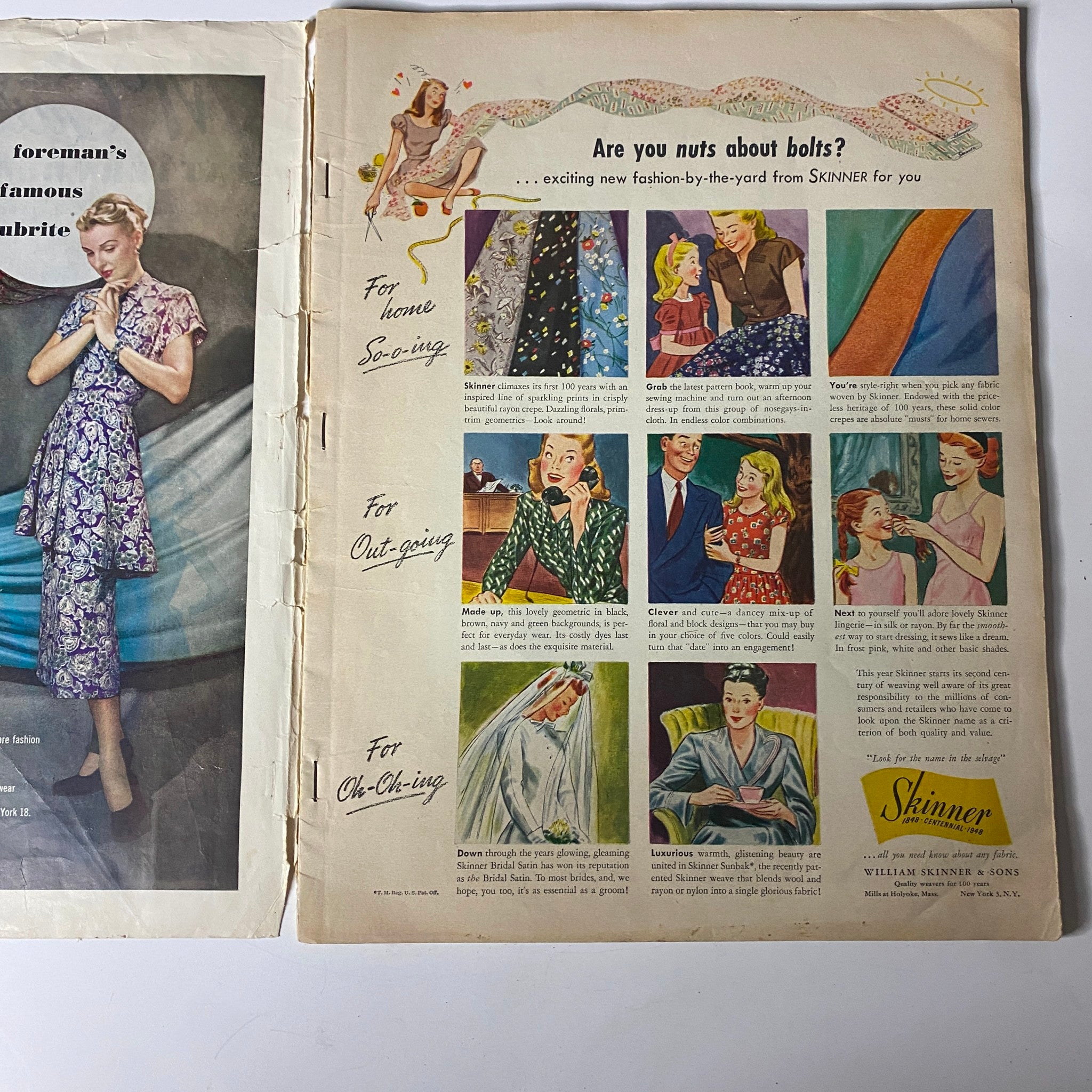 Interior page of the 1948 McCall Styles Spring Pattern Book Catalog displaying various fabric advertisements, highlighting colorful fabrics for sewing such as floral patterns and vibrant colors.